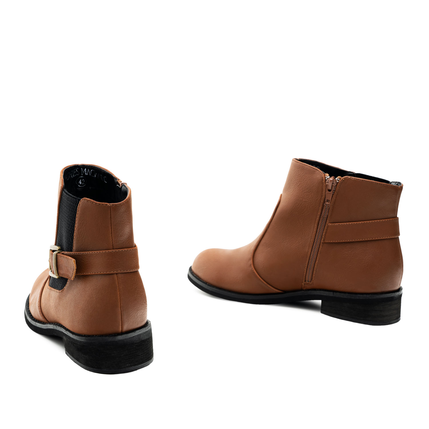 Brown Faux Pull Leather Booties with Buckle 