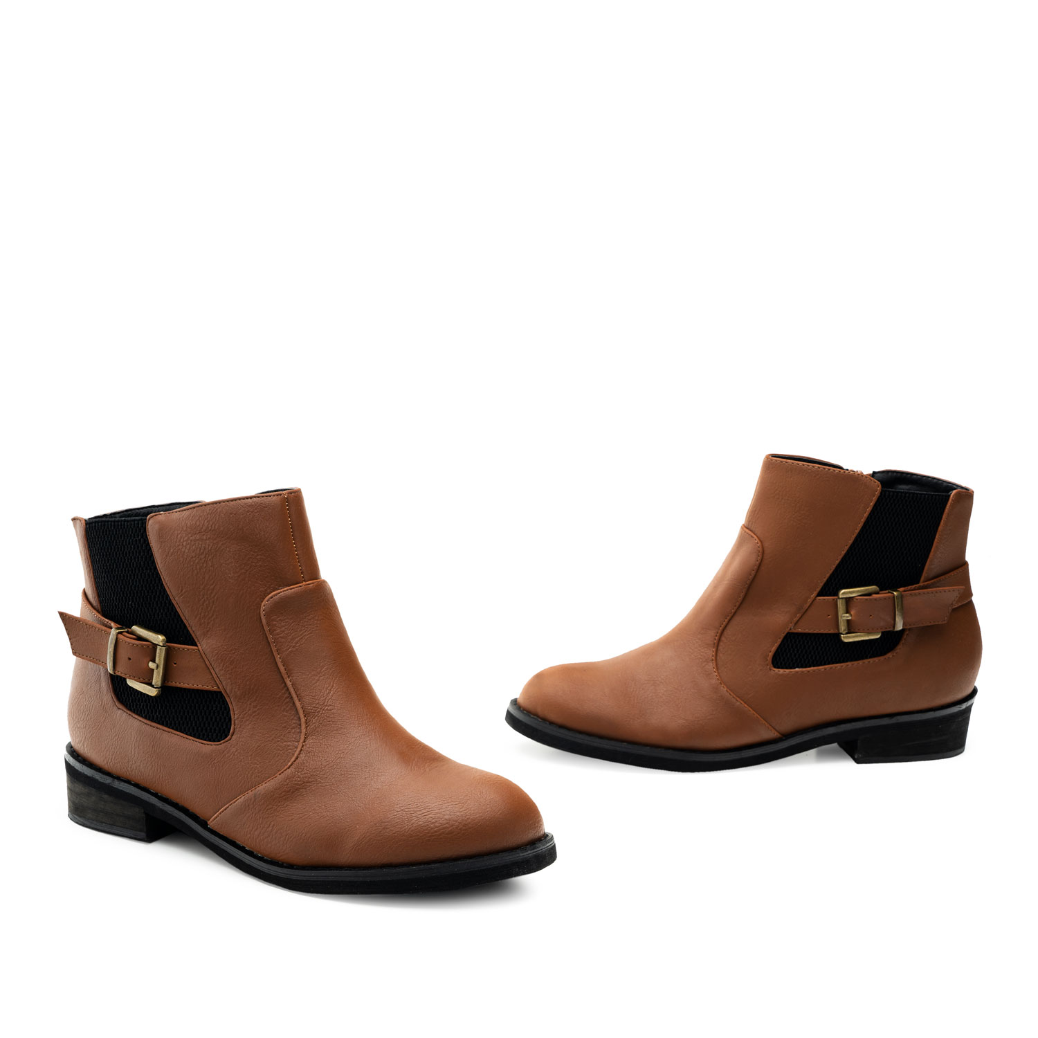 Brown Faux Pull Leather Booties with Buckle 
