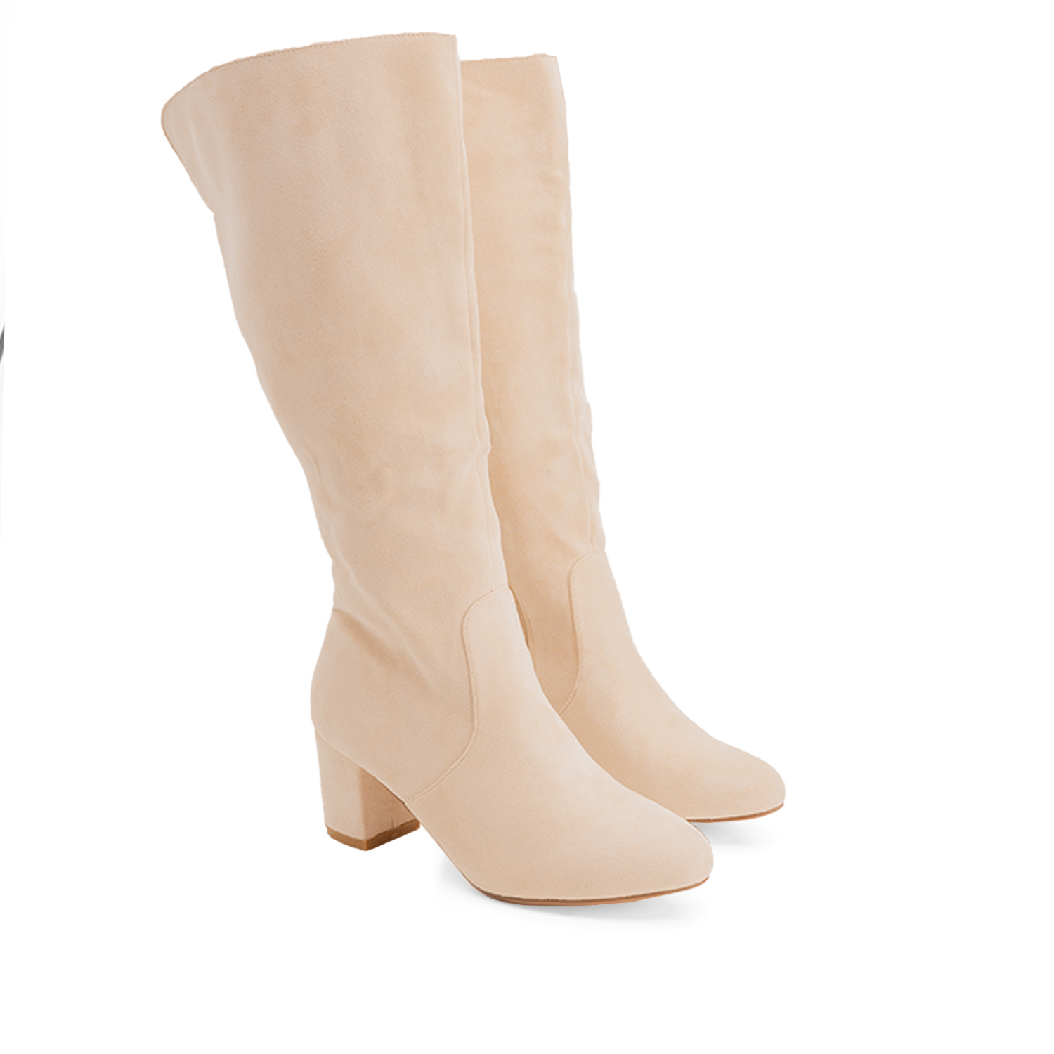 Heeled mid-calf boots in off-white faux suede 