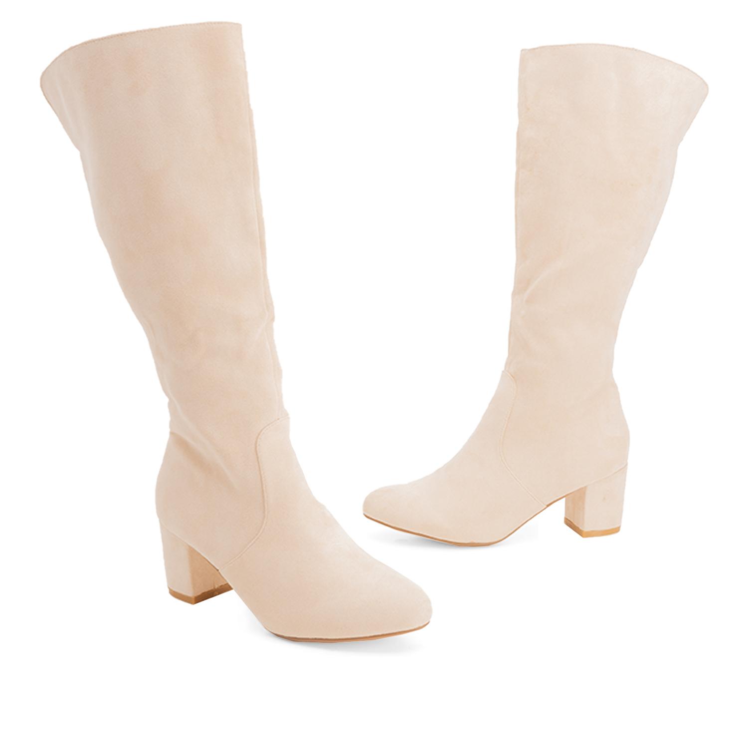 Heeled mid-calf boots in off-white faux suede 