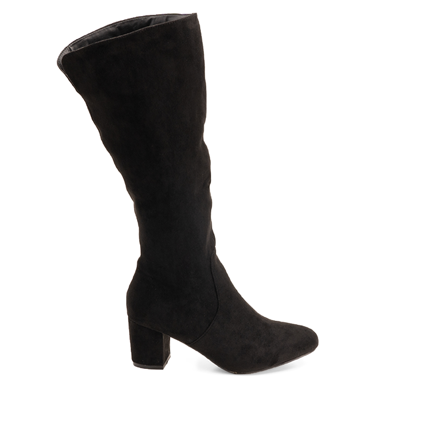 Heeled mid-calf boots in black faux suede 