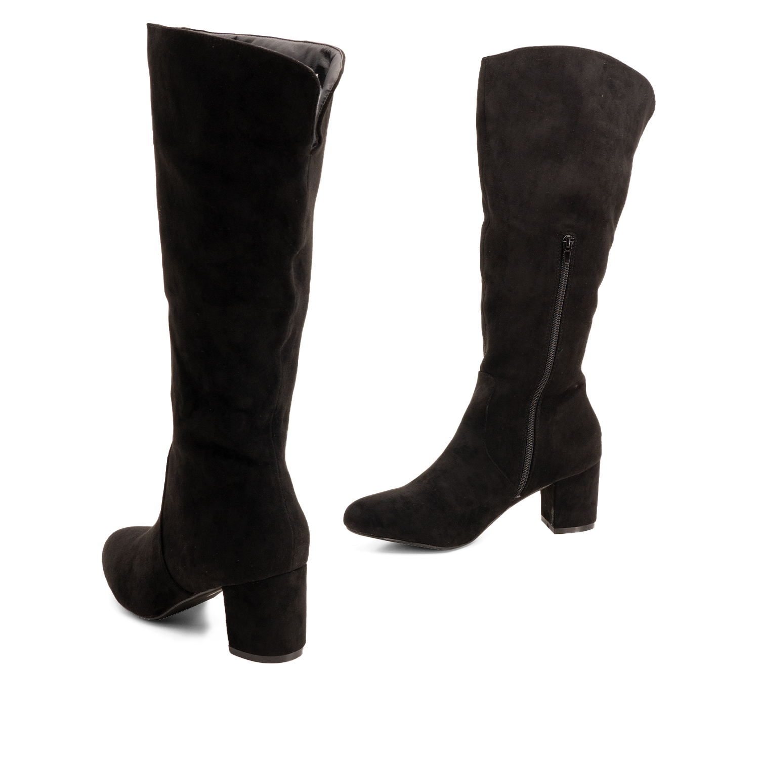 Heeled mid-calf boots in black faux suede 