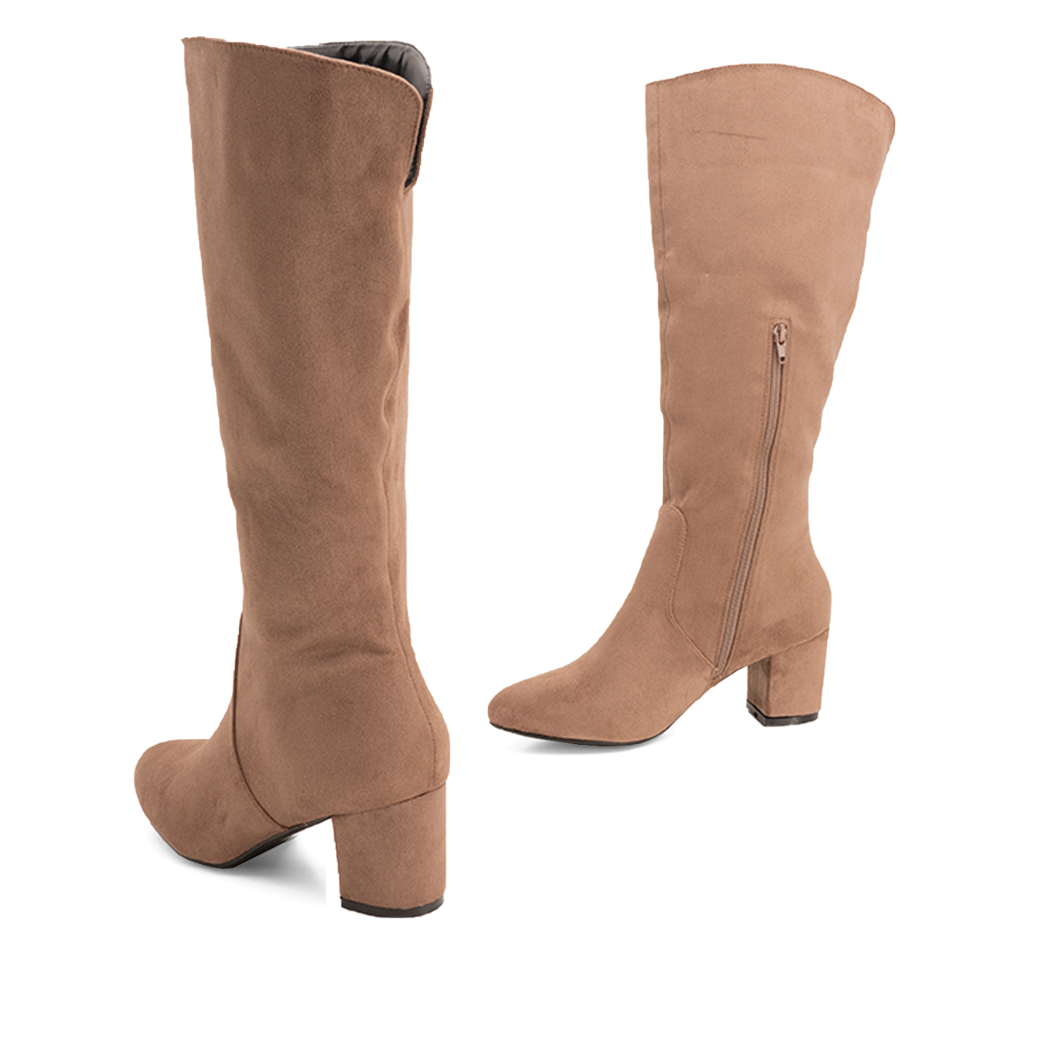 Heeled mid-calf boots in light brown faux suede 