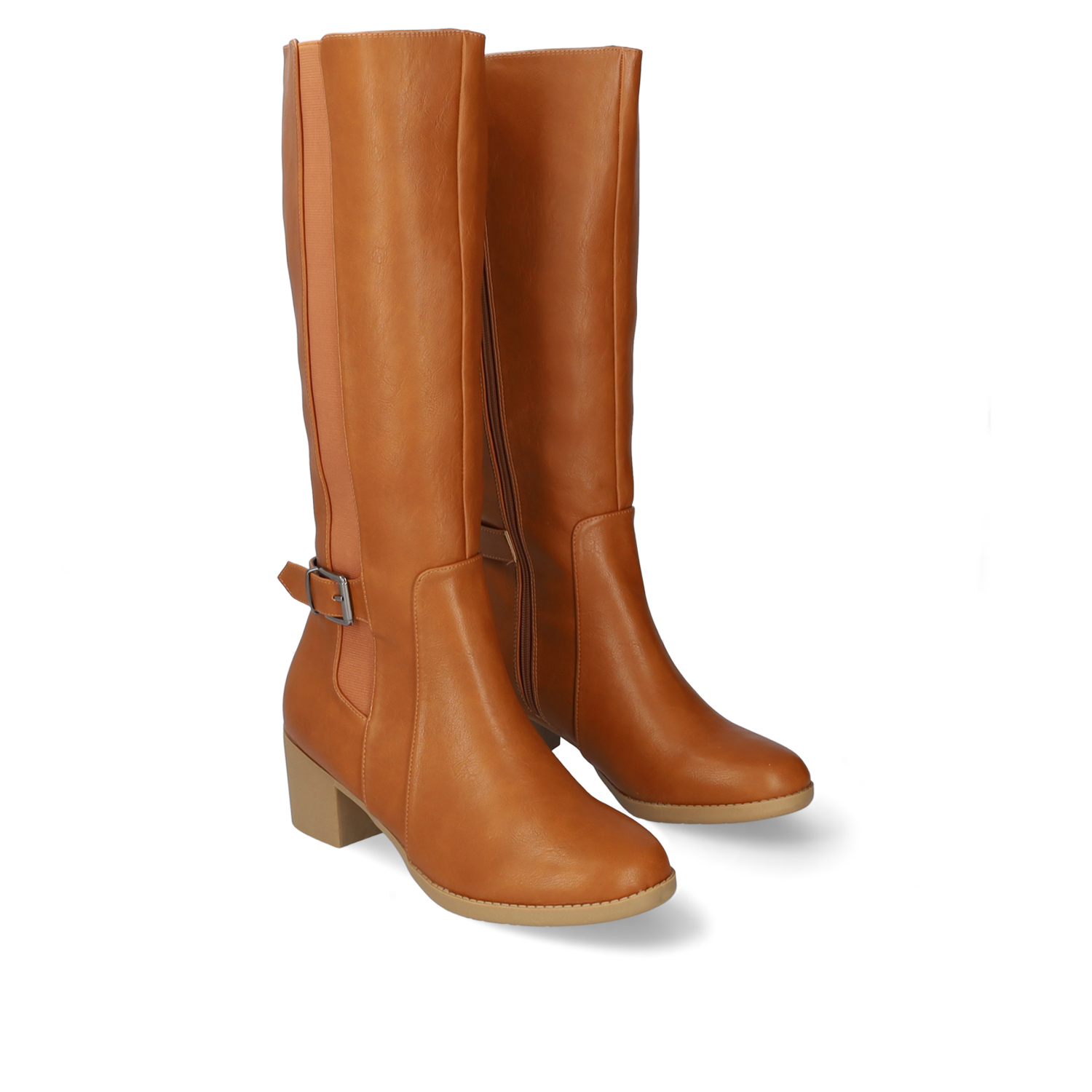 Mid- calf boots with elastic in camel faux leather 