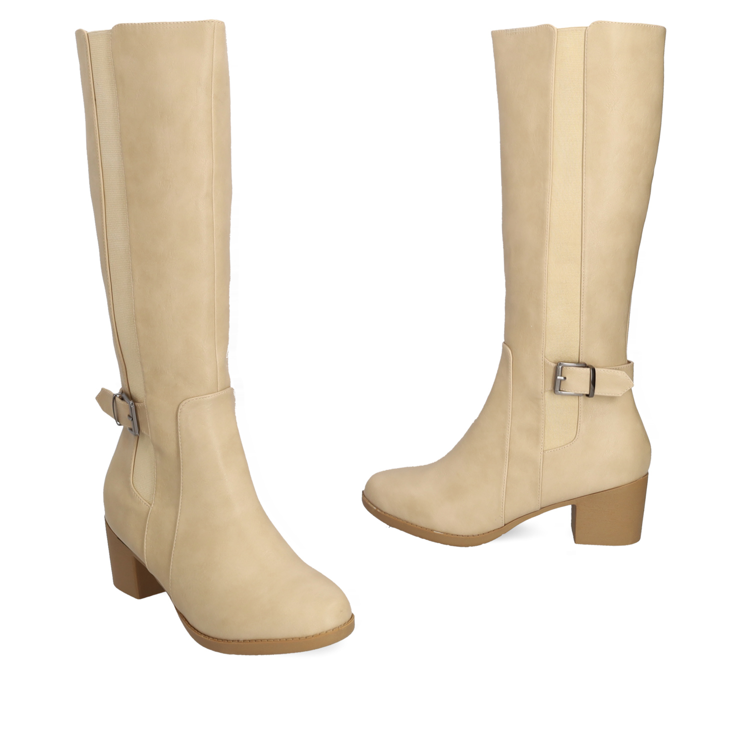 Mid- calf boots with elastic in off-white faux leather 
