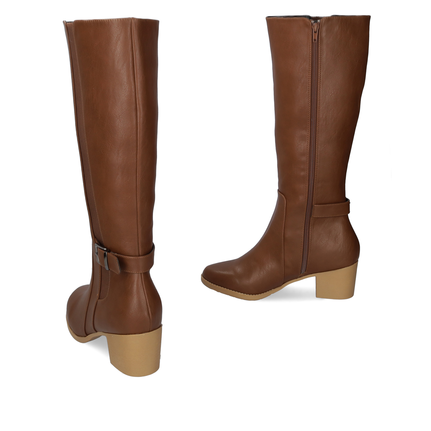 Mid- calf boots with elastic in brown faux leather 