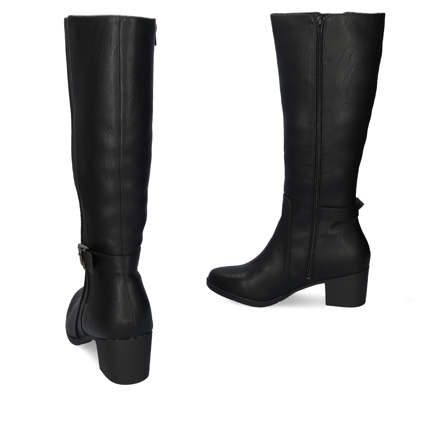 Mid- calf boots with elastic in black faux leather 