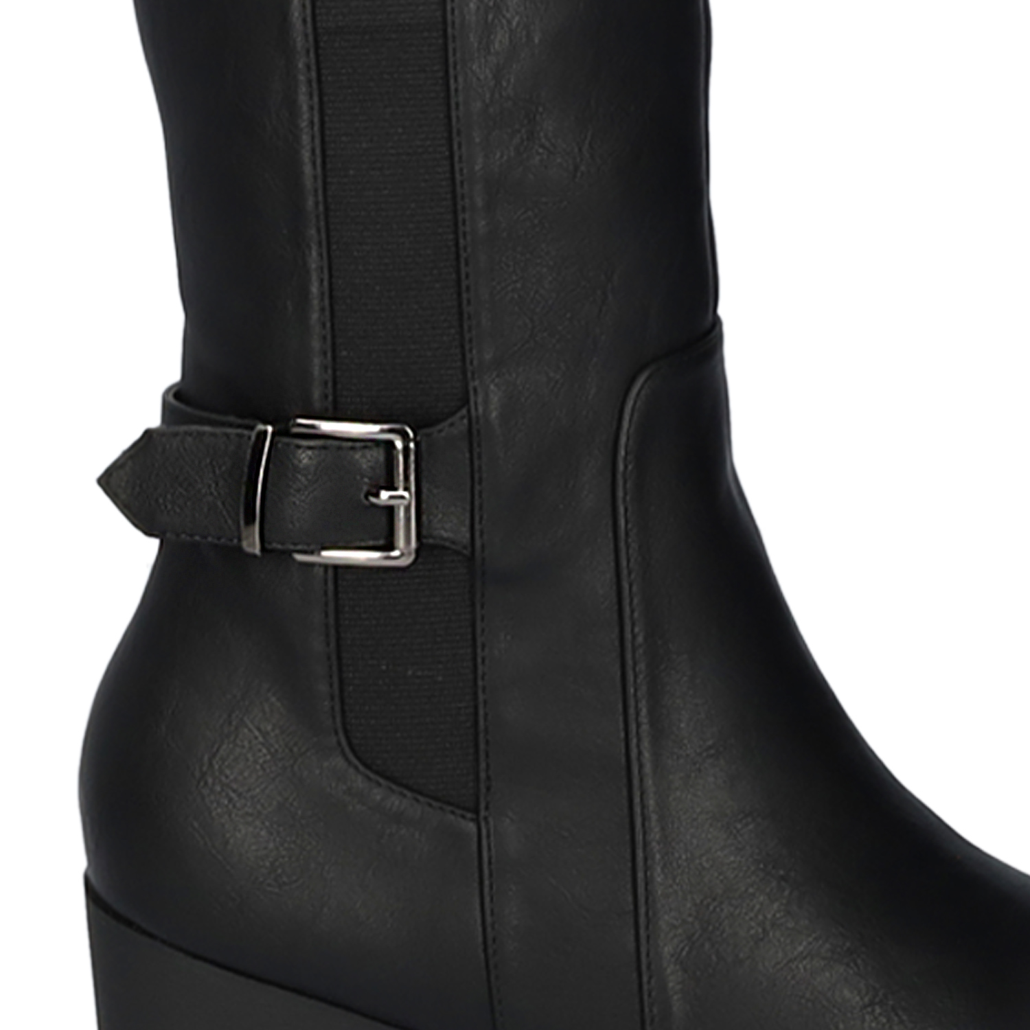 Mid- calf boots with elastic in black faux leather 