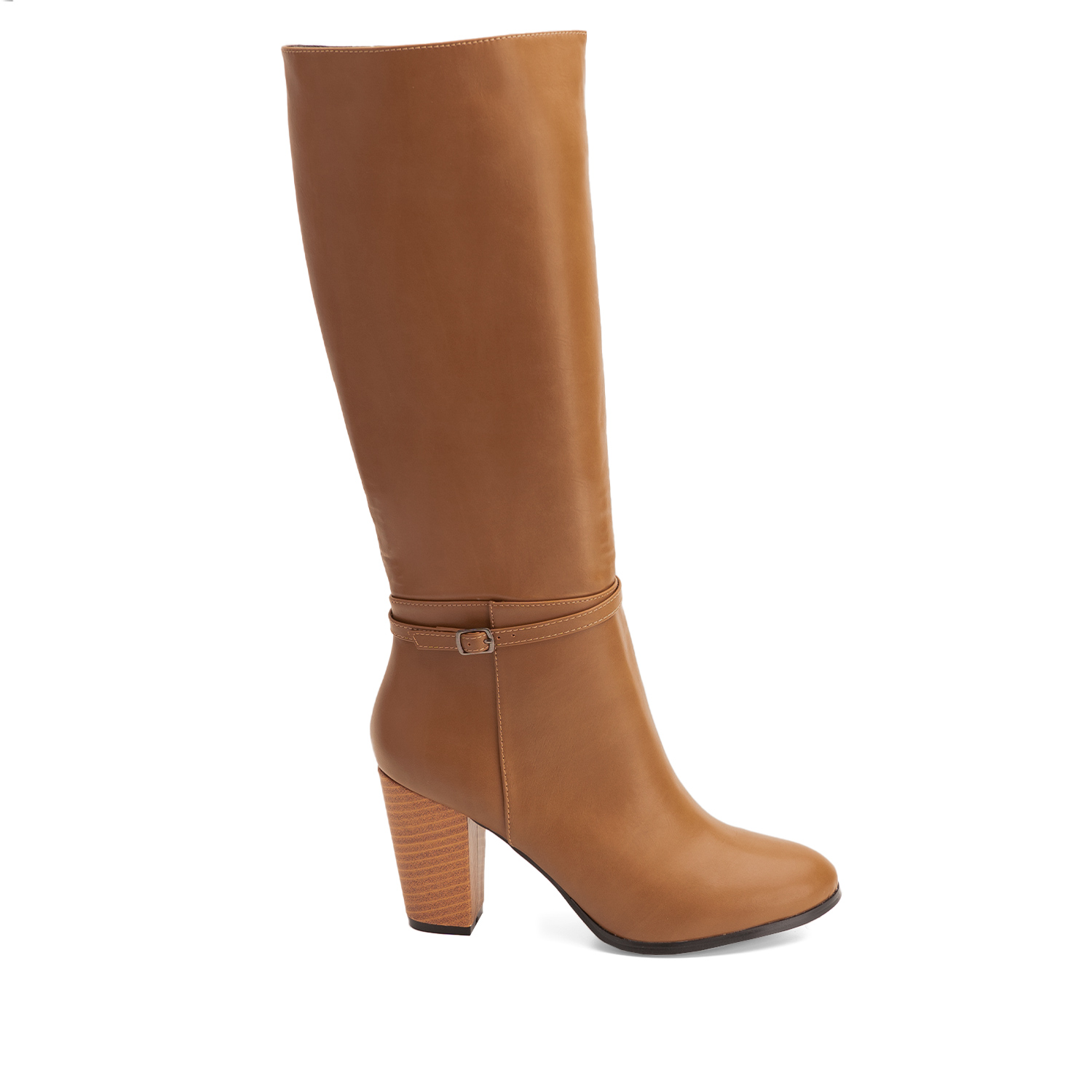 Heeled boots in camel faux leather with buckled strap detail 