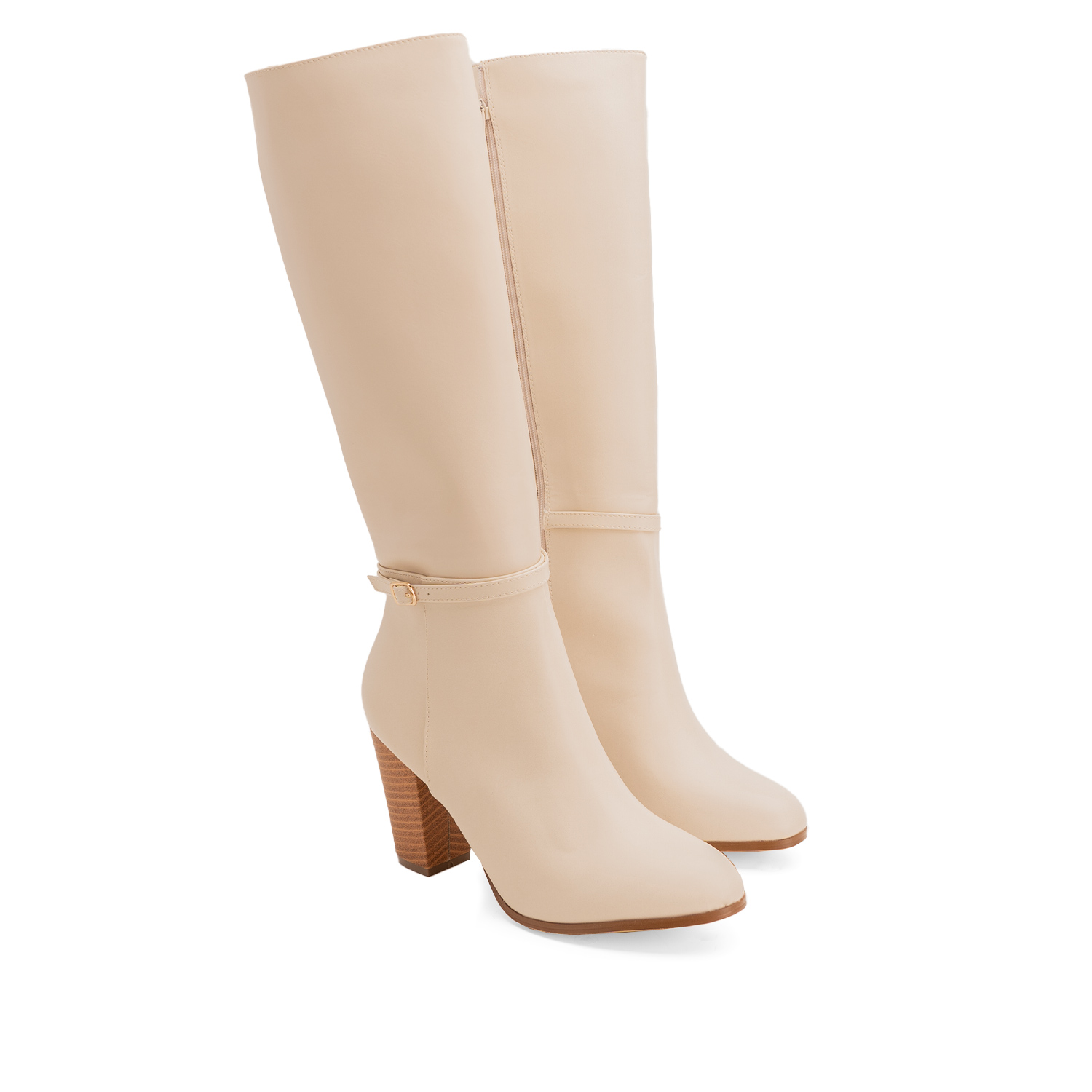 Heeled boots in ivory faux leather with buckled strap detail