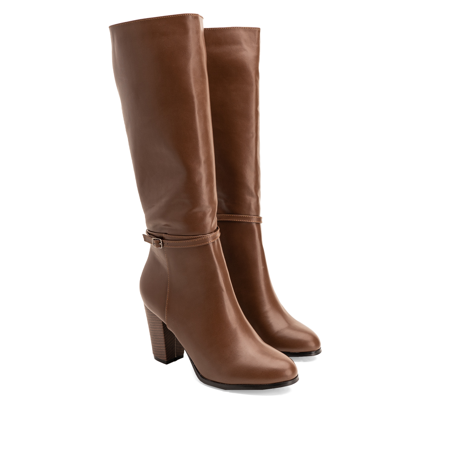 Heeled boots in brown faux leather with buckled strap detail 