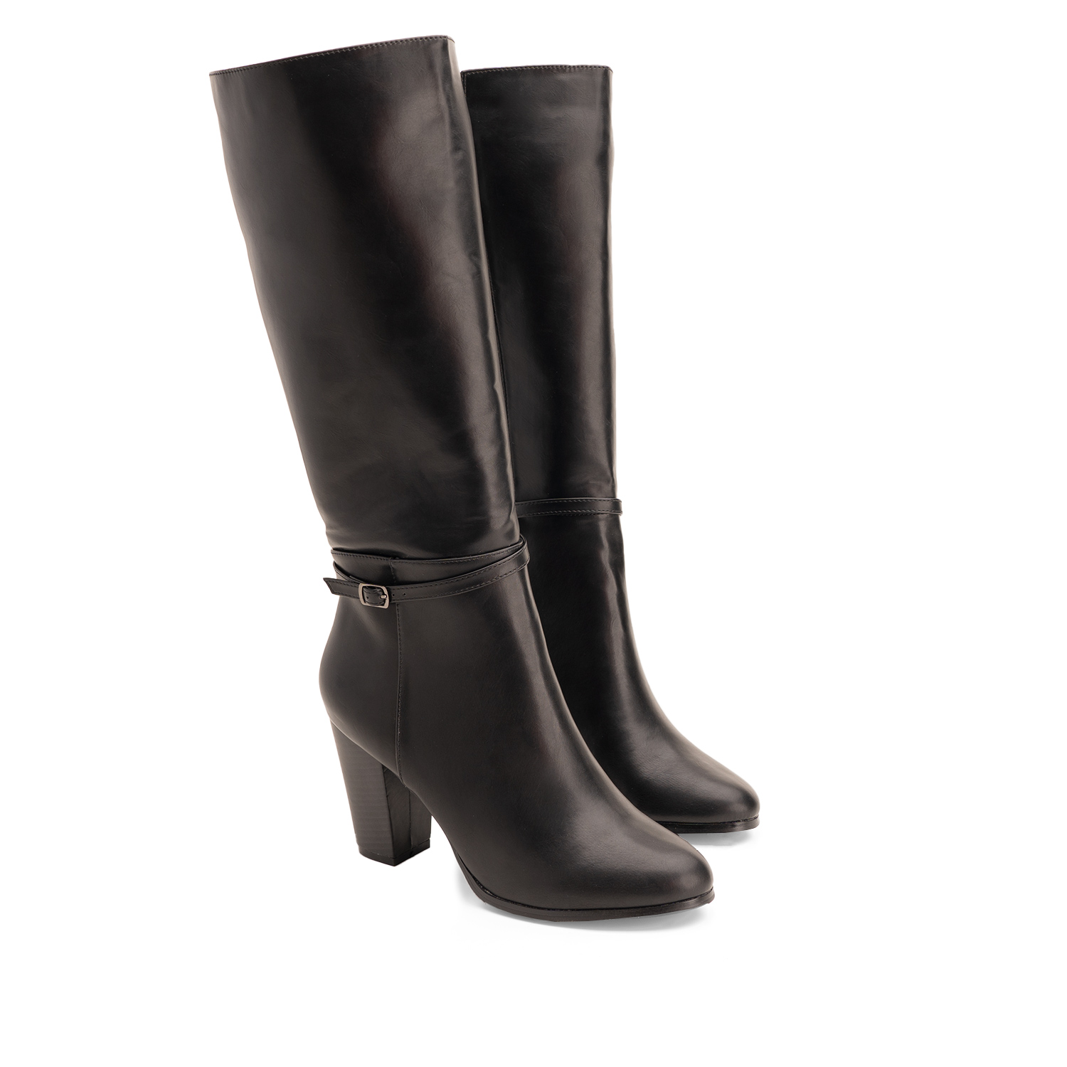 Heeled boots in black faux leather with buckled strap detail 
