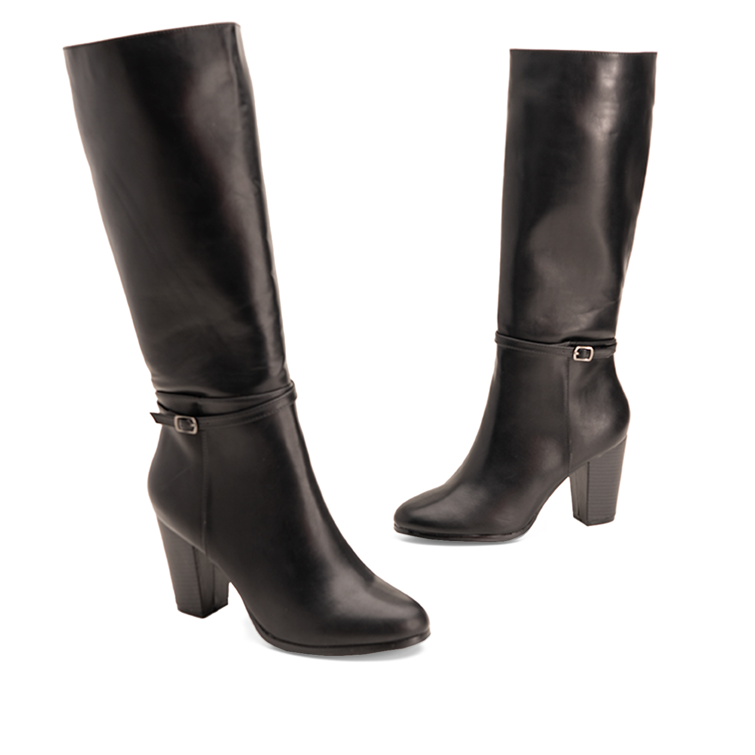 Heeled boots in black faux leather with buckled strap detail 