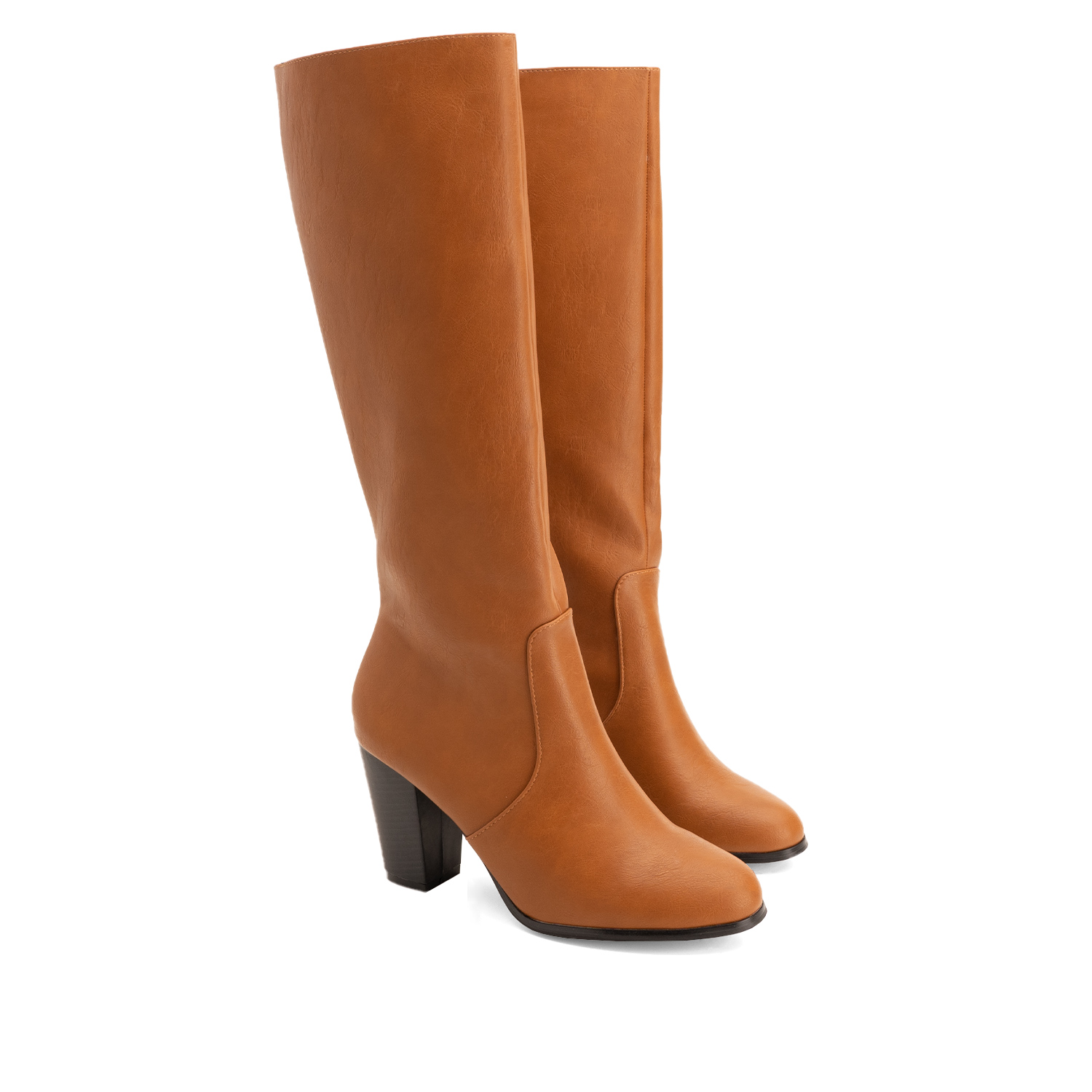 Heeled knee-high-calf boots in camel faux leather 
