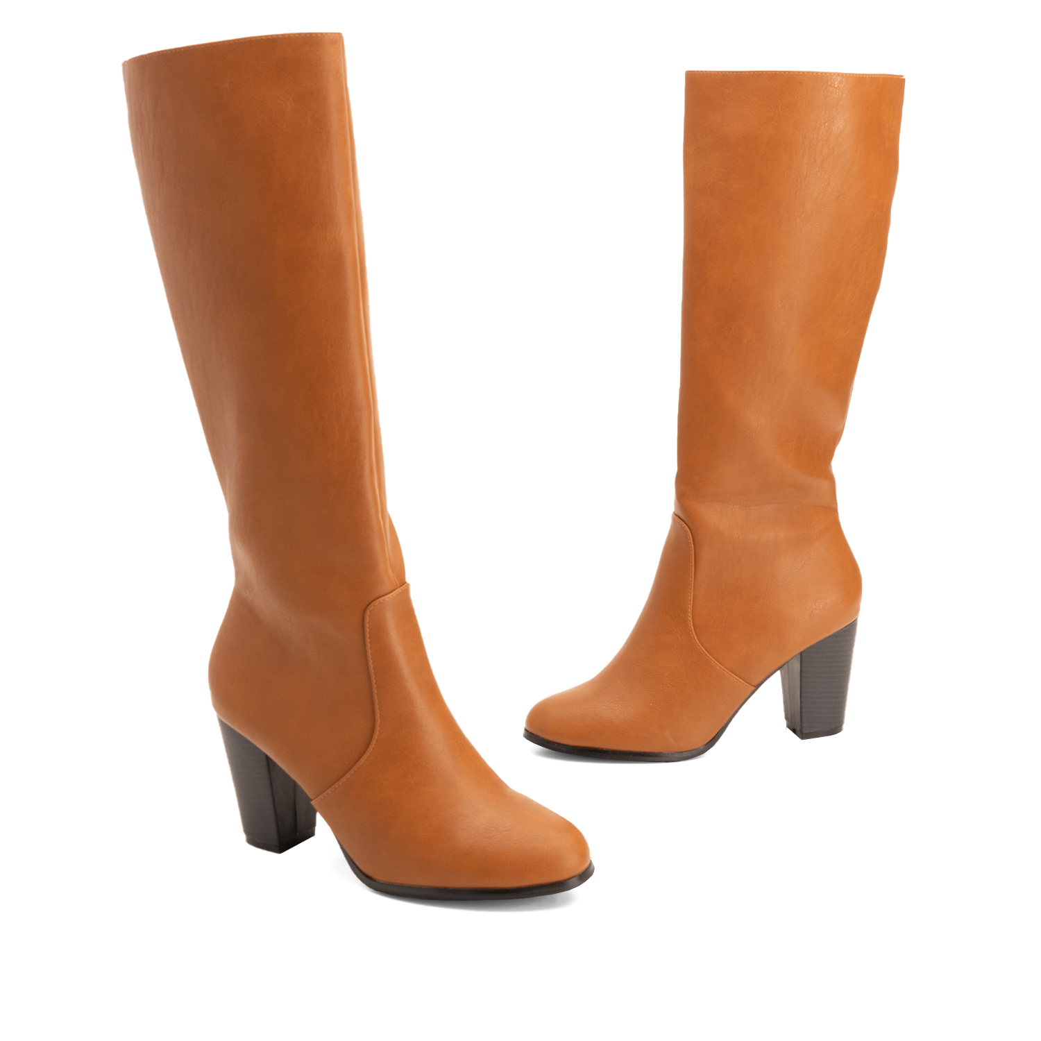 Heeled knee-high-calf boots in camel faux leather 