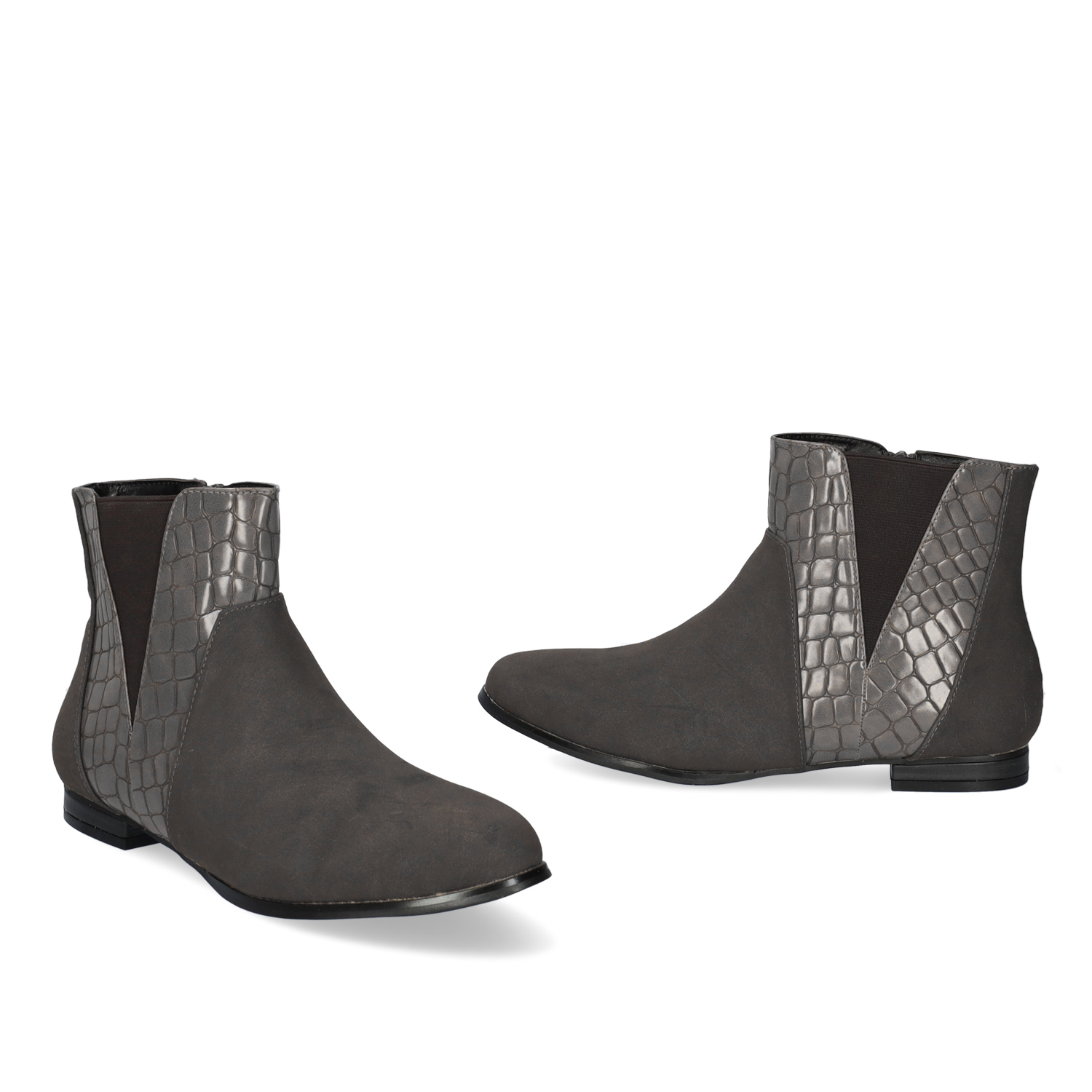 High-top booties in grey croc and faux suede 