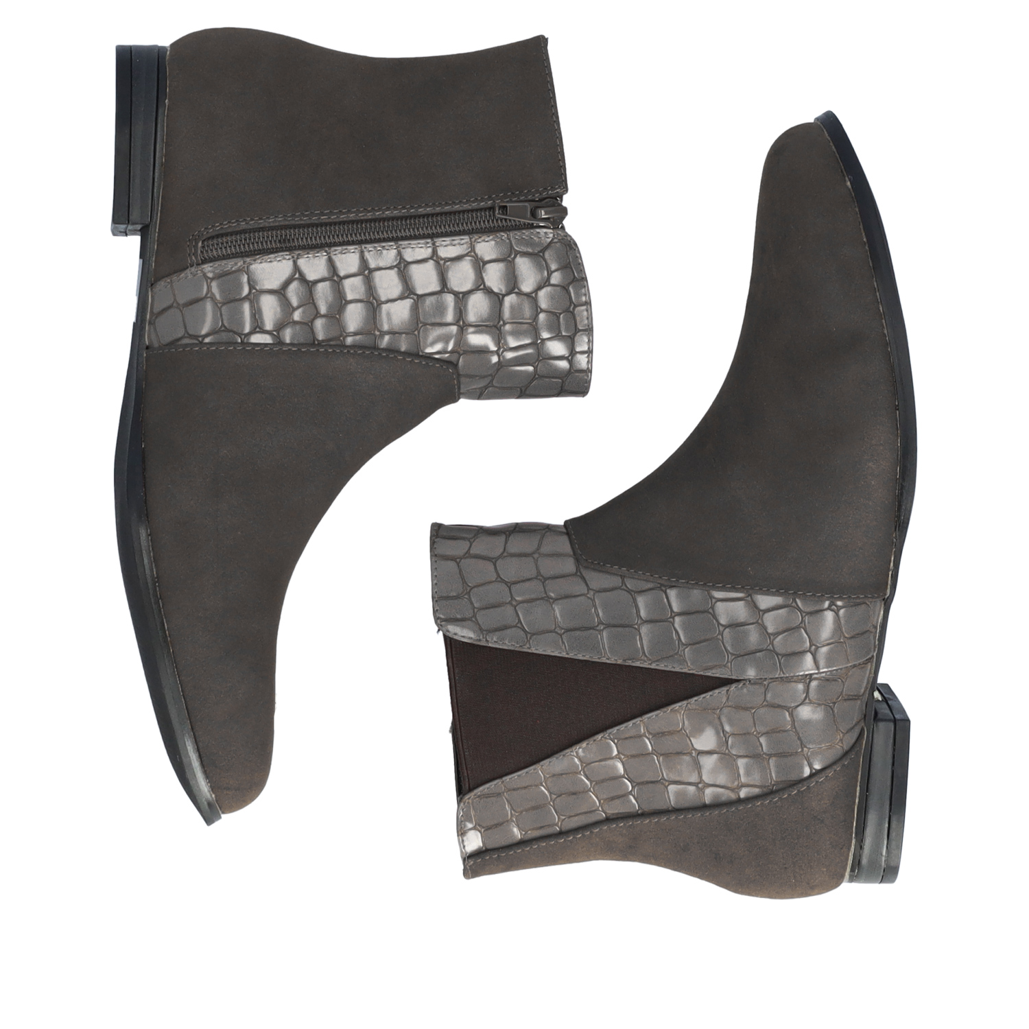 High-top booties in grey croc and faux suede 