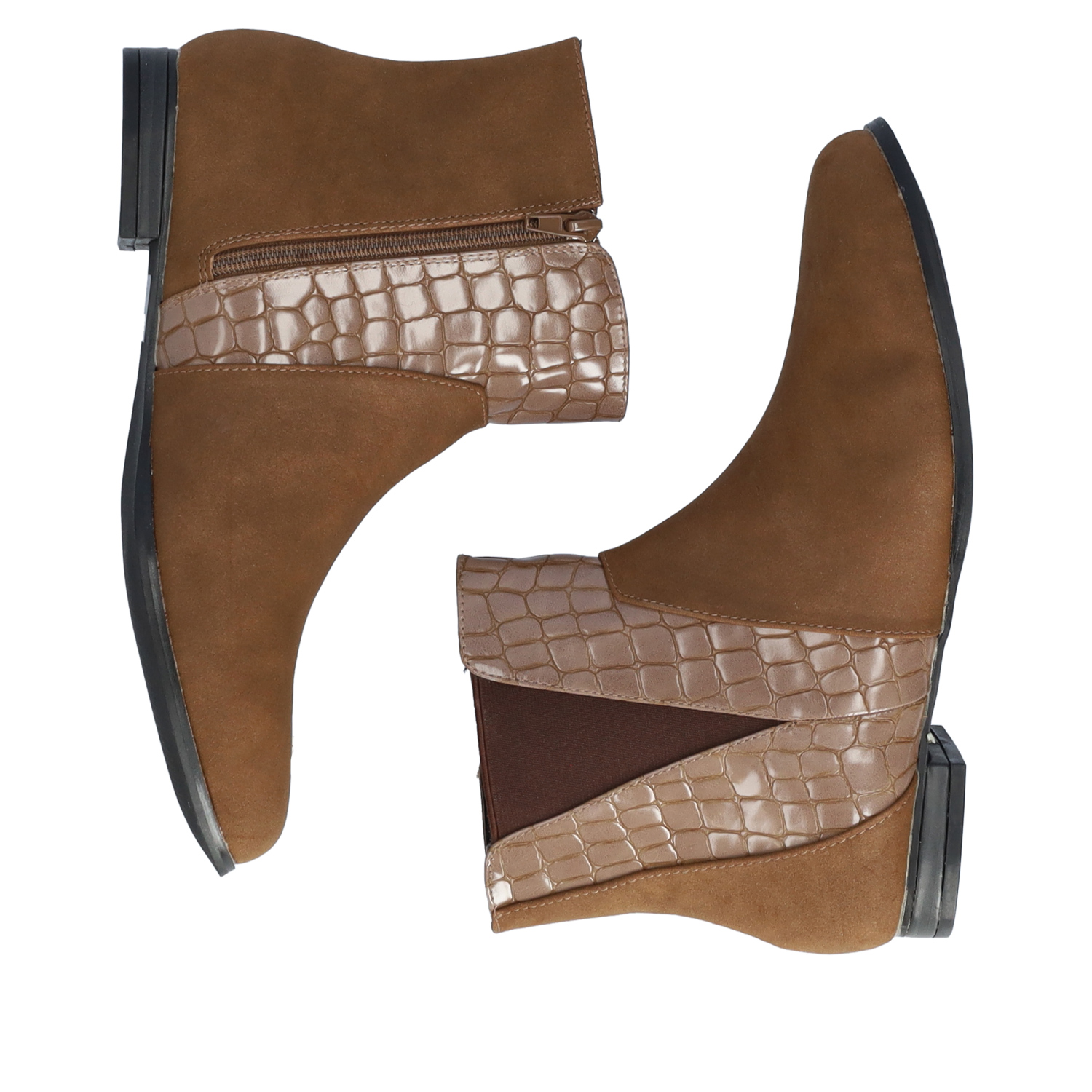 High-top booties in brown croc and faux suede 
