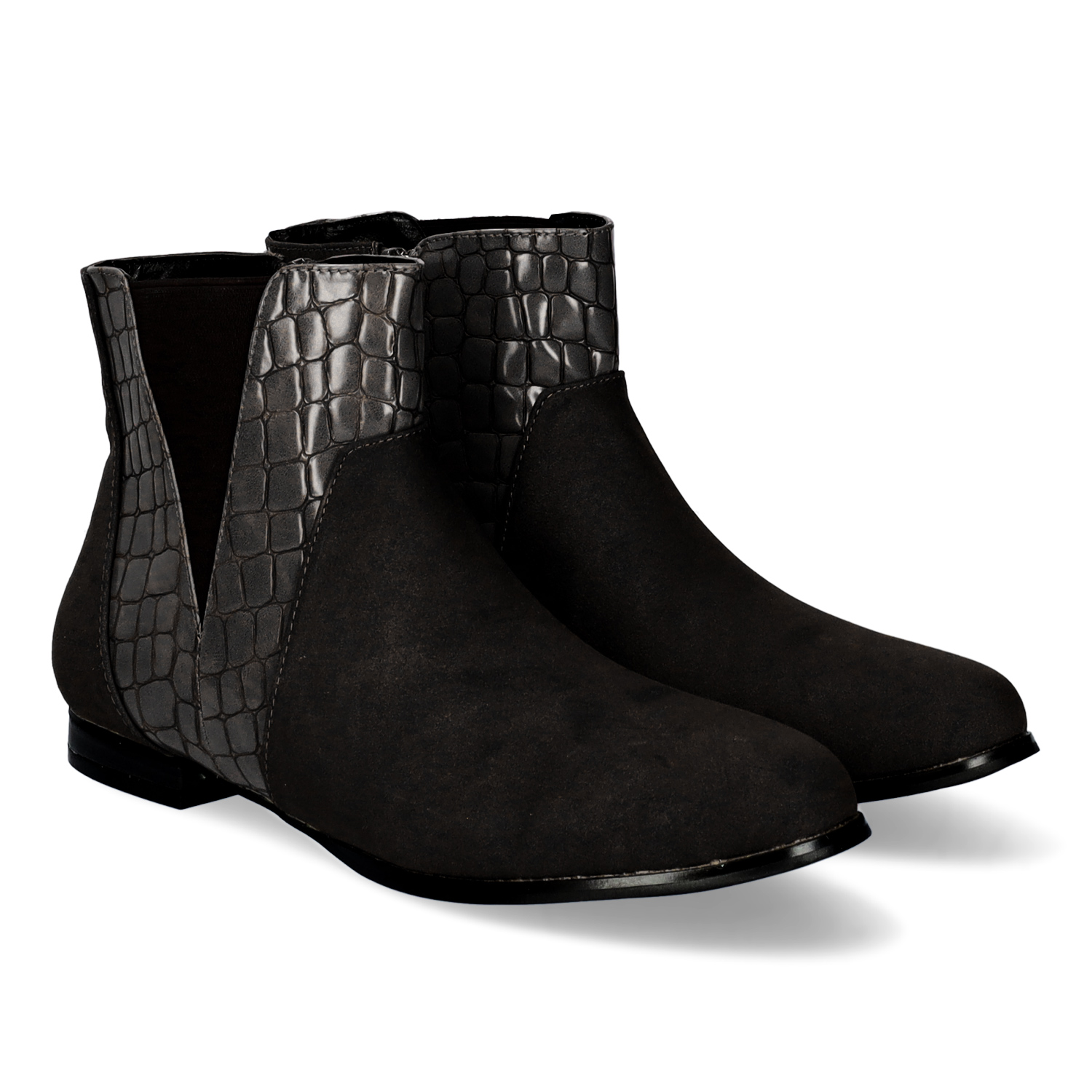 High-top booties in black croc and faux suede 