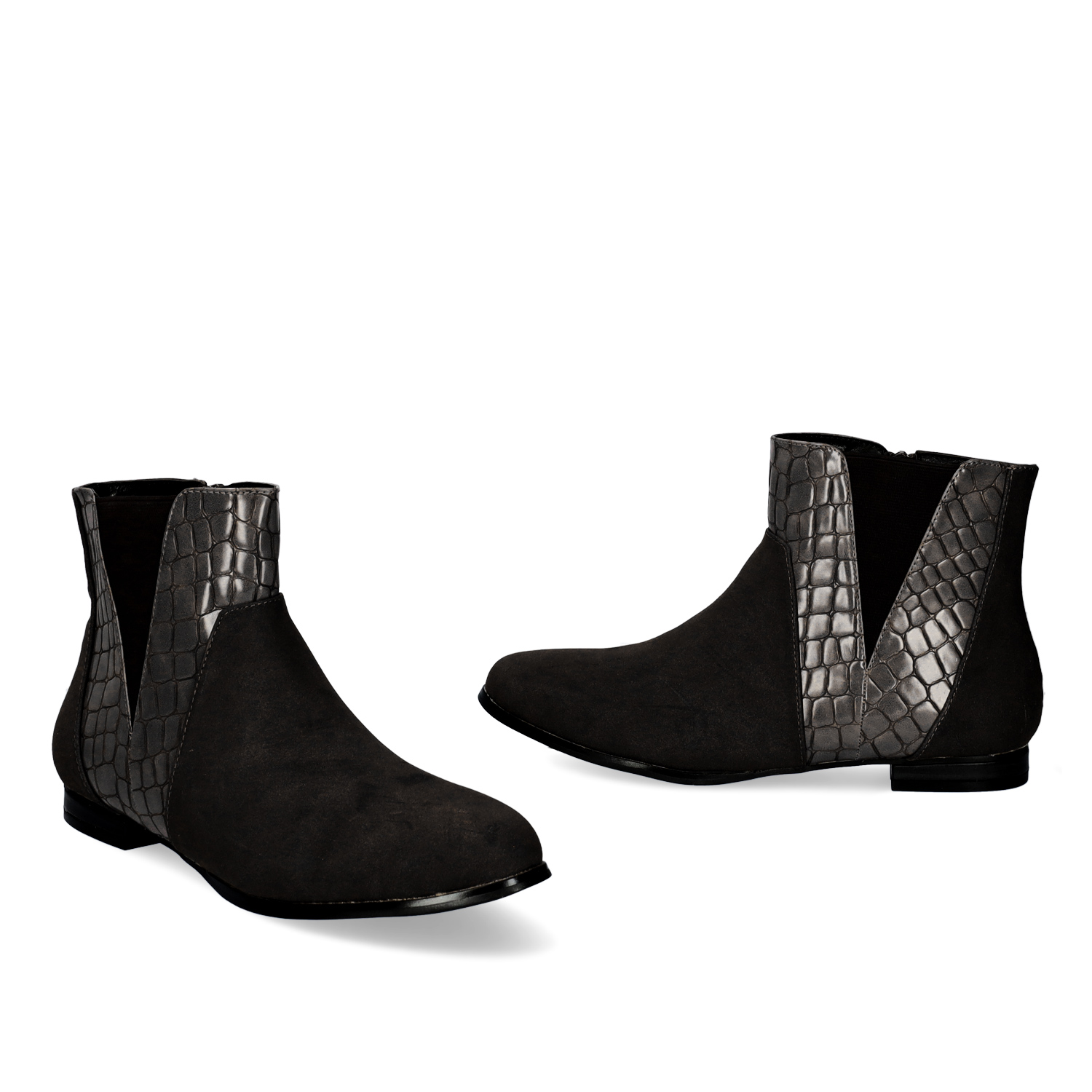High-top booties in black croc and faux suede 