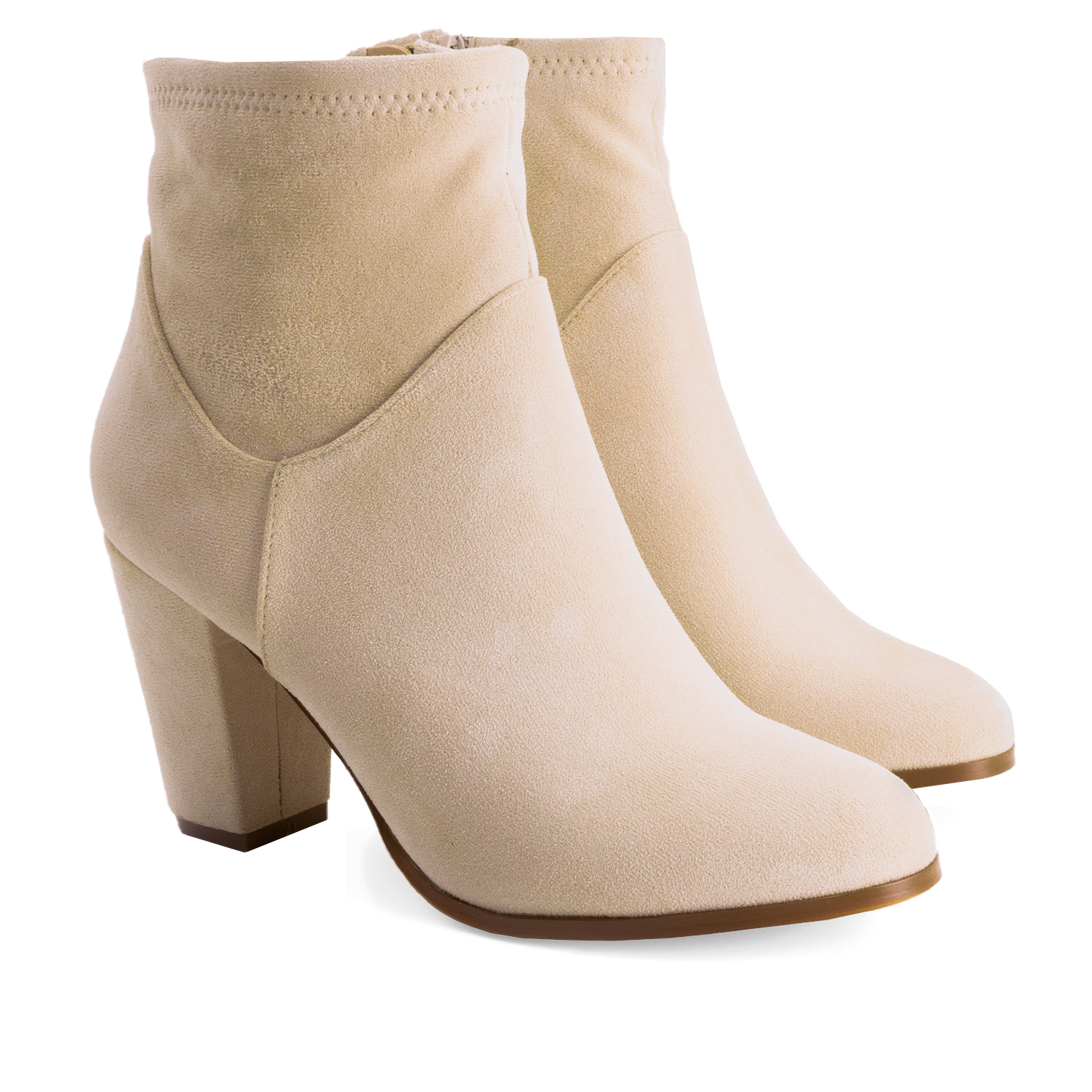 Heeled booties in off-white faux suede 