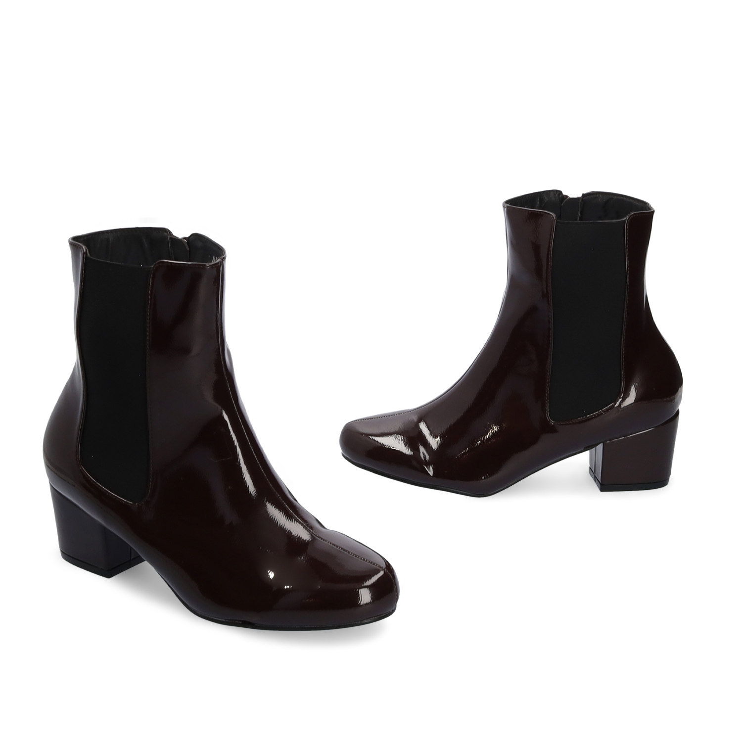 Wide heel booties in bordeaux patent and matching elastic 