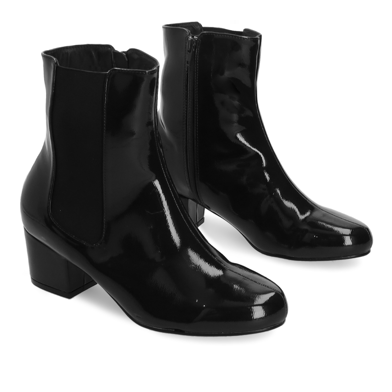 Wide heel booties in black patent and matching elastic 