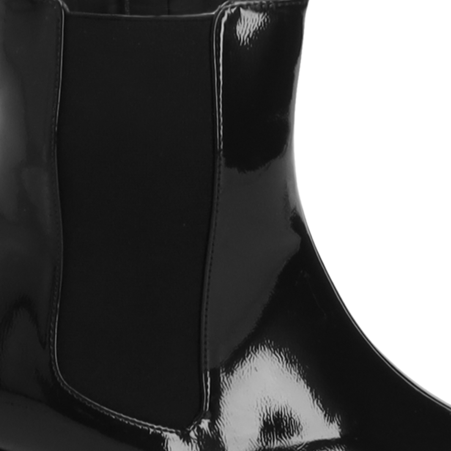 Wide heel booties in black patent and matching elastic 
