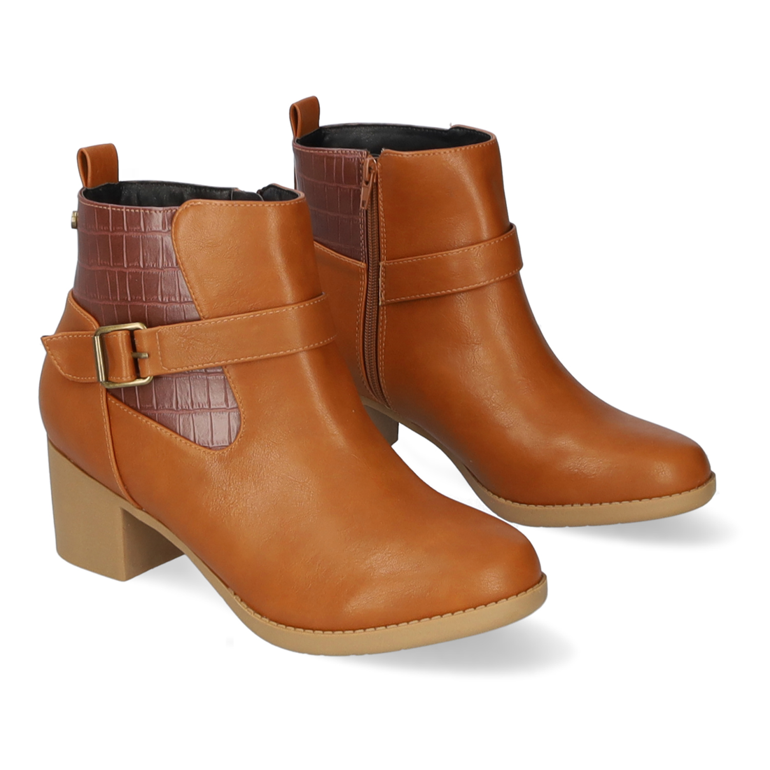 Heeled booties in camel colored faux leather 