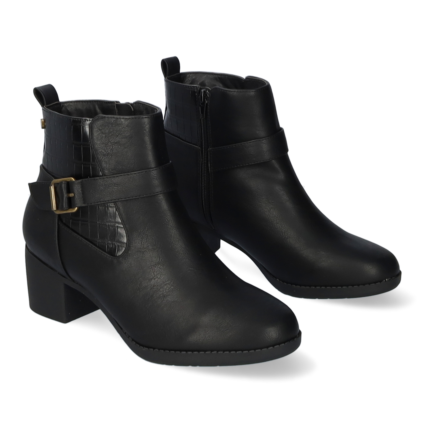 Heeled booties in black faux leather 