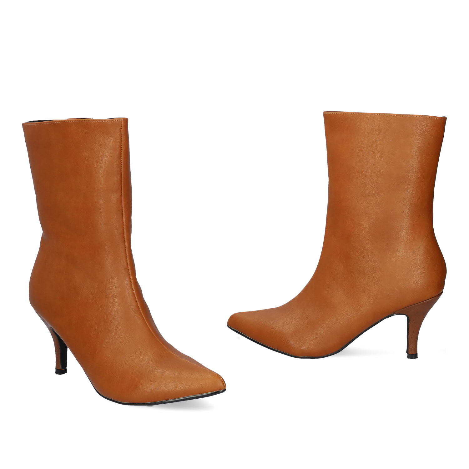 Pointed toed high-top booties in camel colored faux leather 