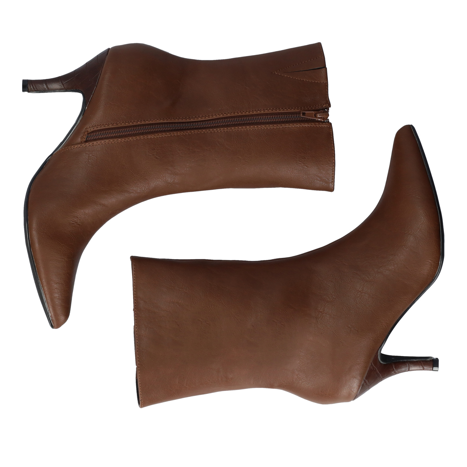 Pointed toed high-top booties in brown faux leather 