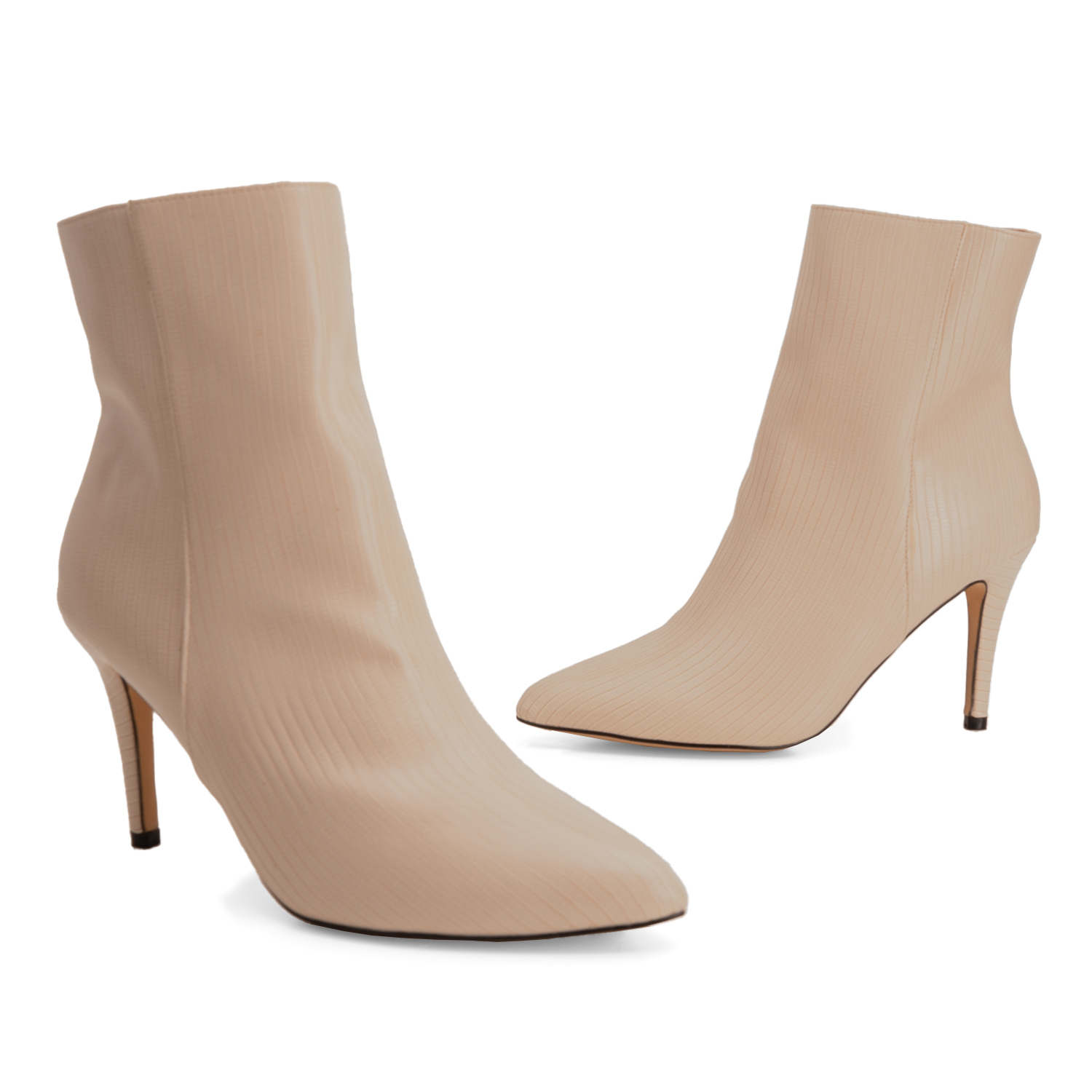 Pointed toed booties in ivory embossed faux leather 