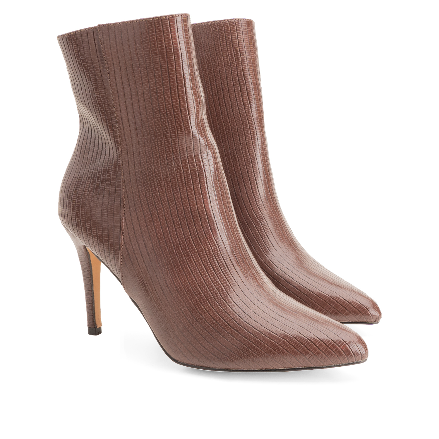 Pointed toed booties in brown embossed faux leather 
