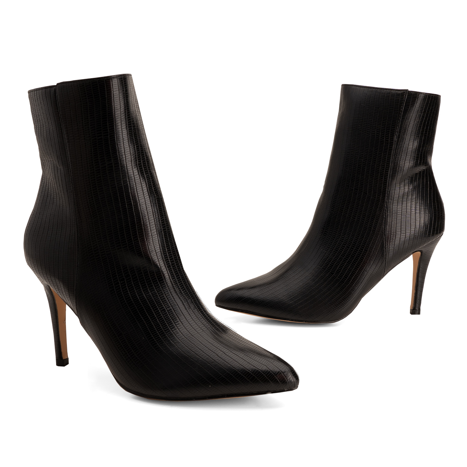 Pointed toed booties in black embossed faux leather 
