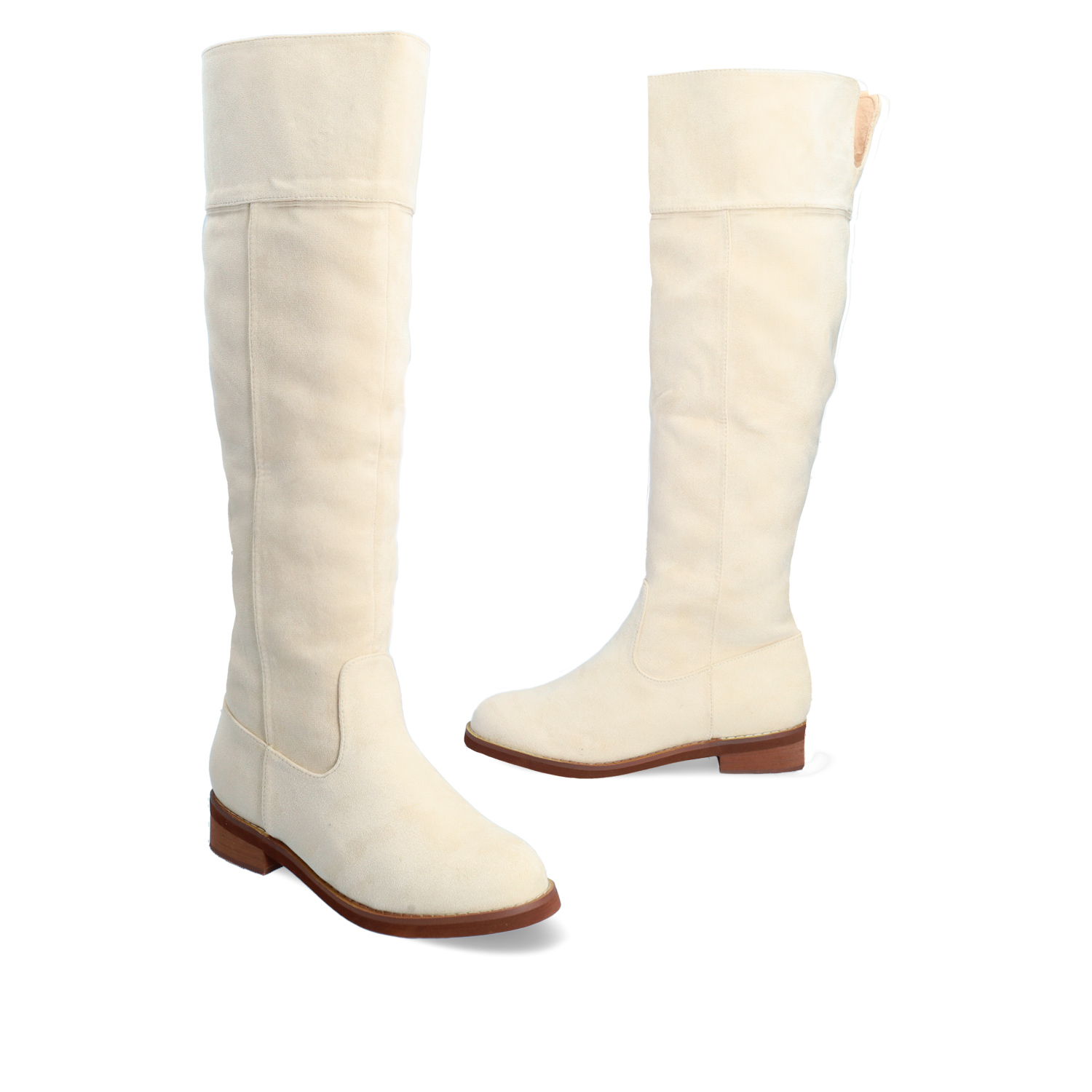 Flat knee-high boots in off-white faux suede 
