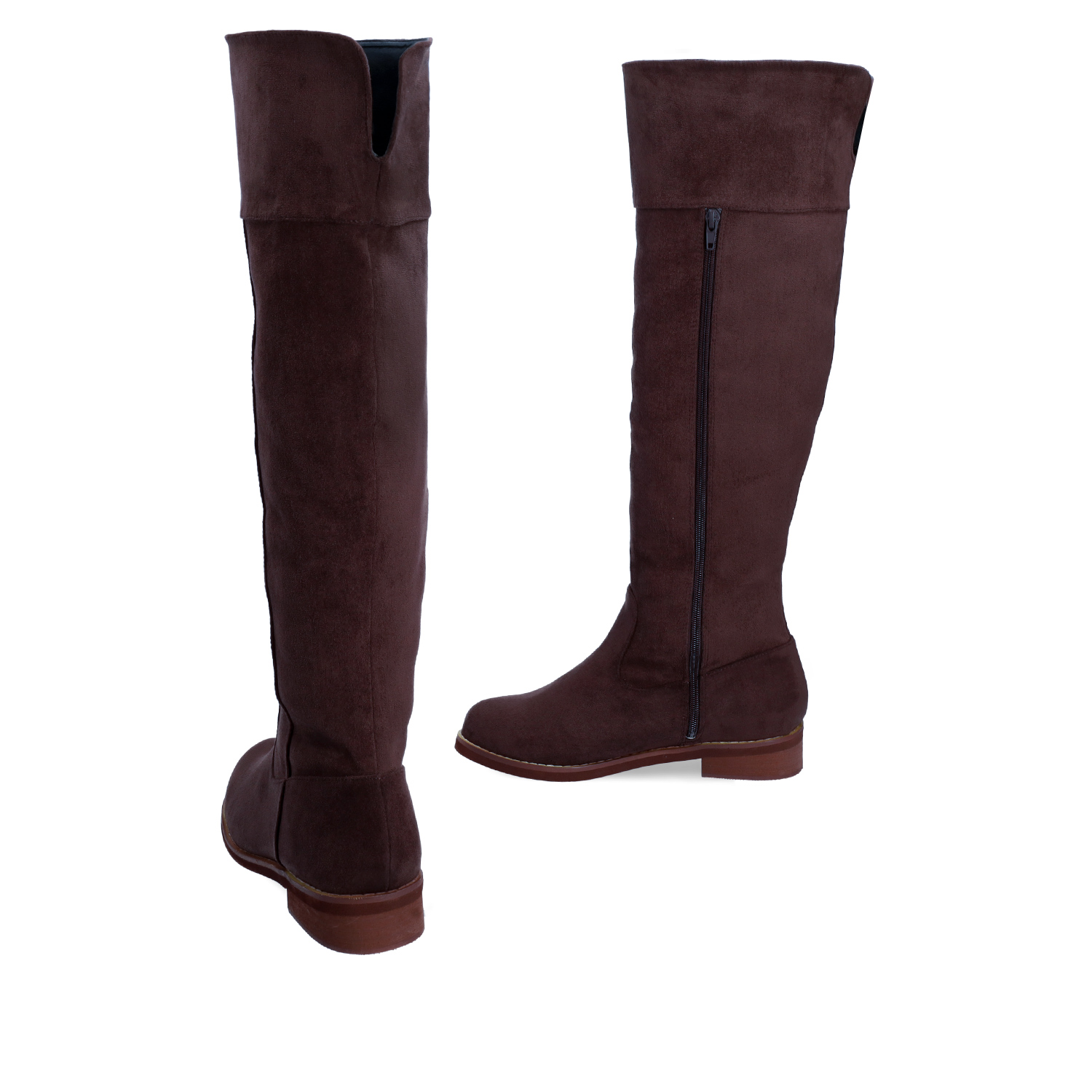 Flat knee-high boots in brown faux suede 