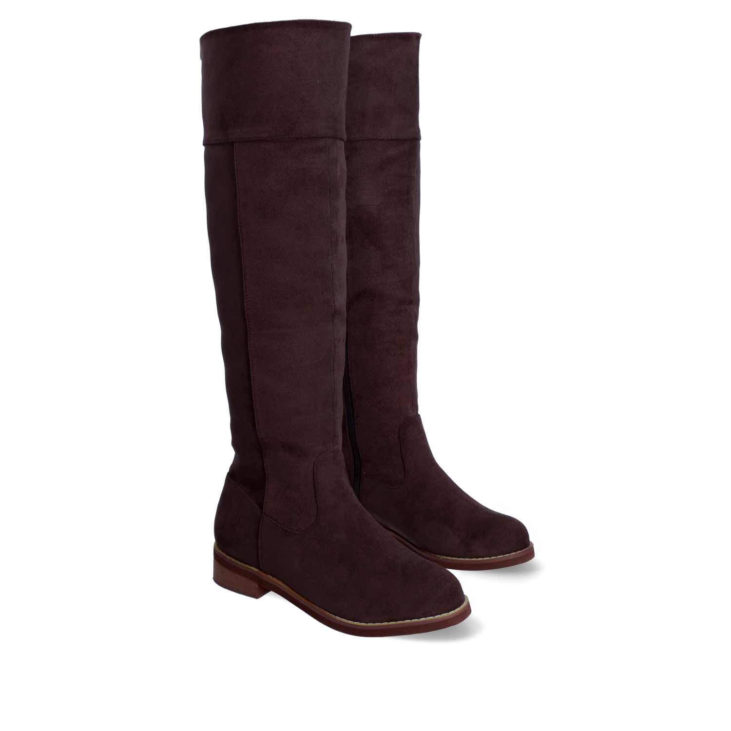 Flat knee-high boots in brown faux suede 