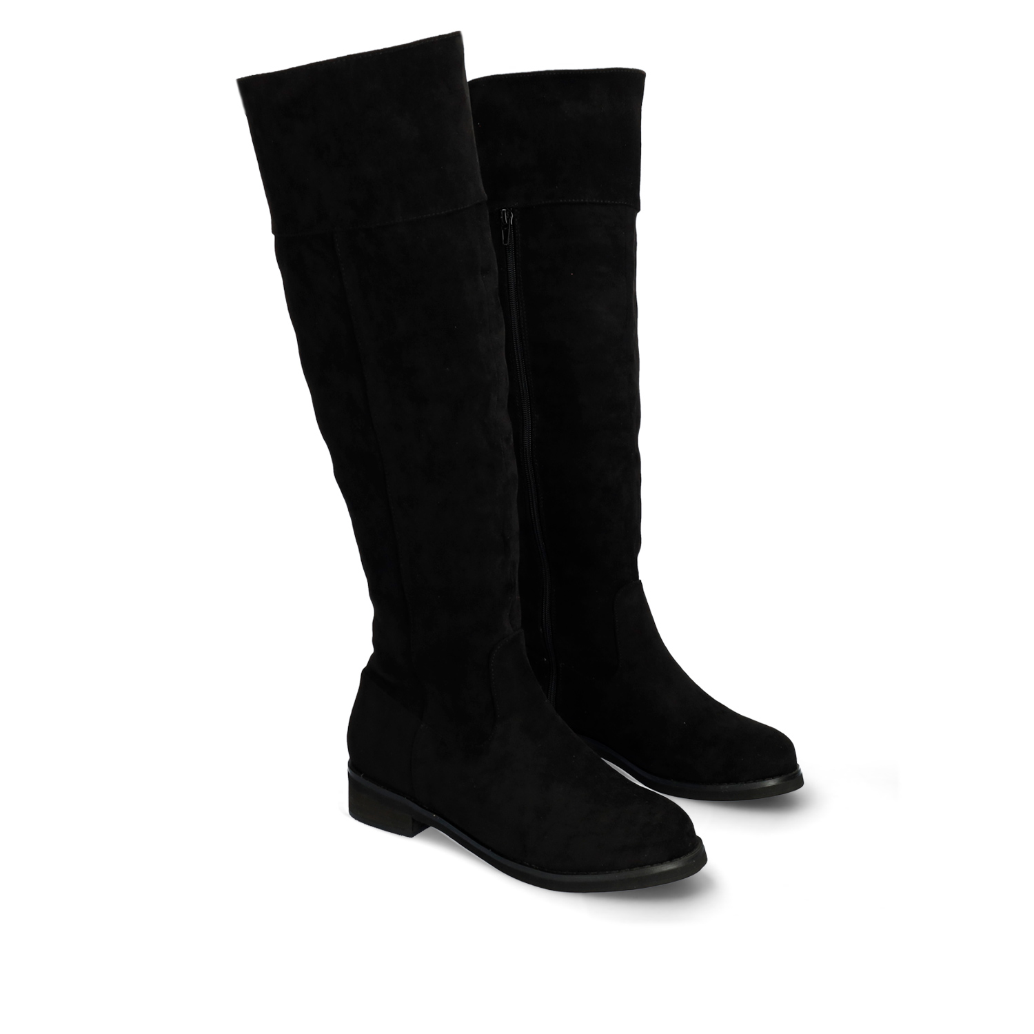 Flat knee-high boots in black faux suede 