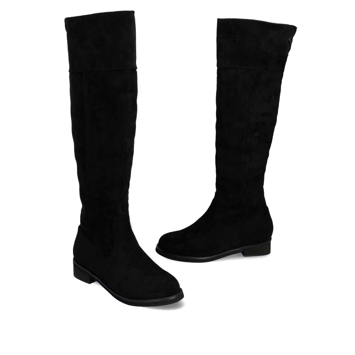 Flat knee-high boots in black faux suede 