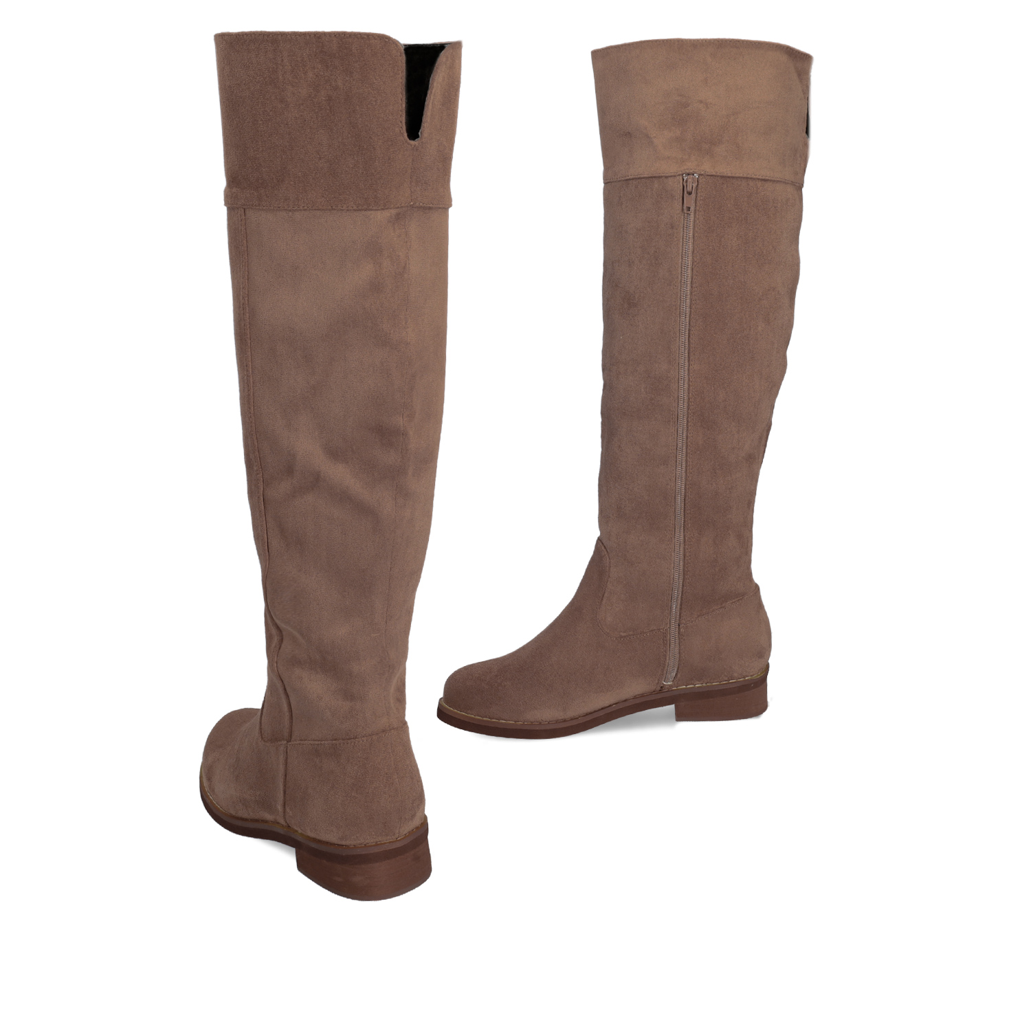 Flat knee-high boots in light brown faux suede 