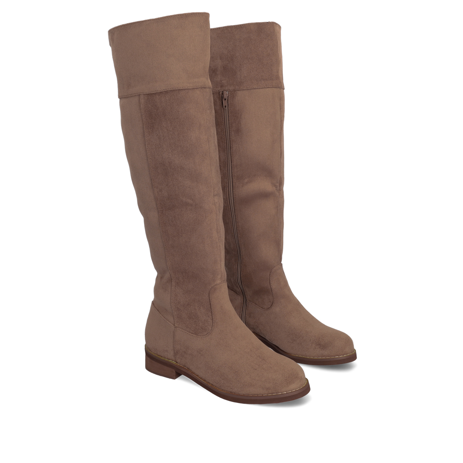Flat knee-high boots in light brown faux suede 