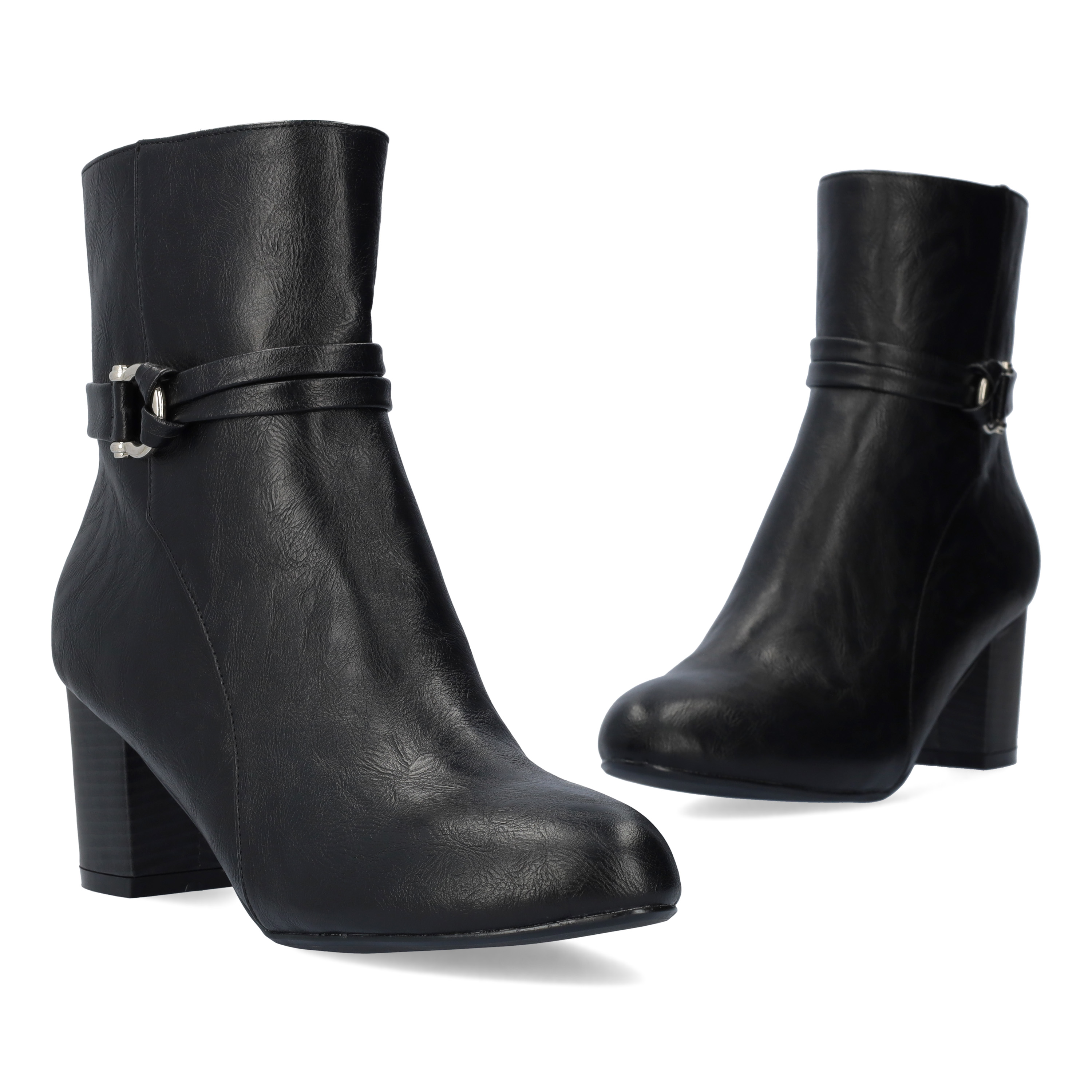 Black faux leather booties. 
