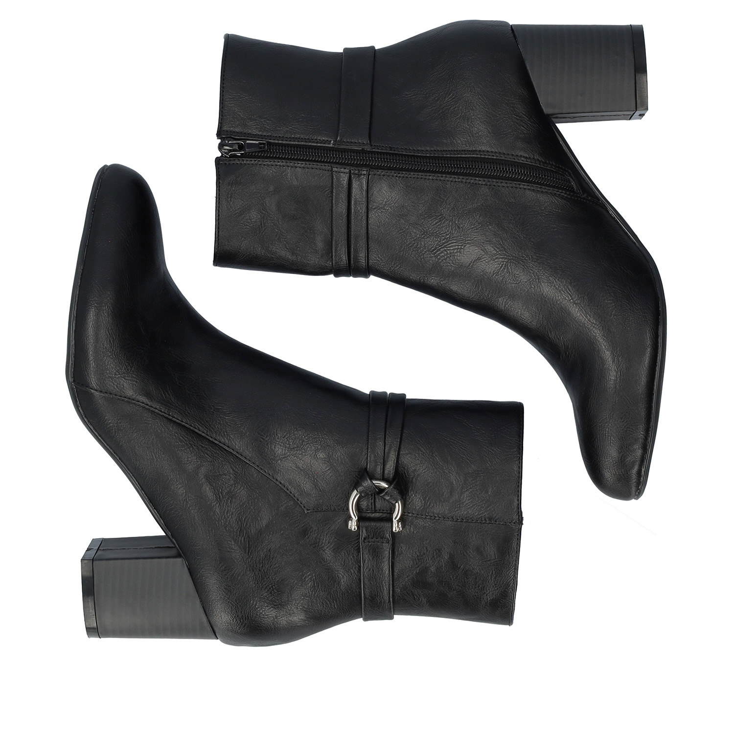 Black faux leather booties. 