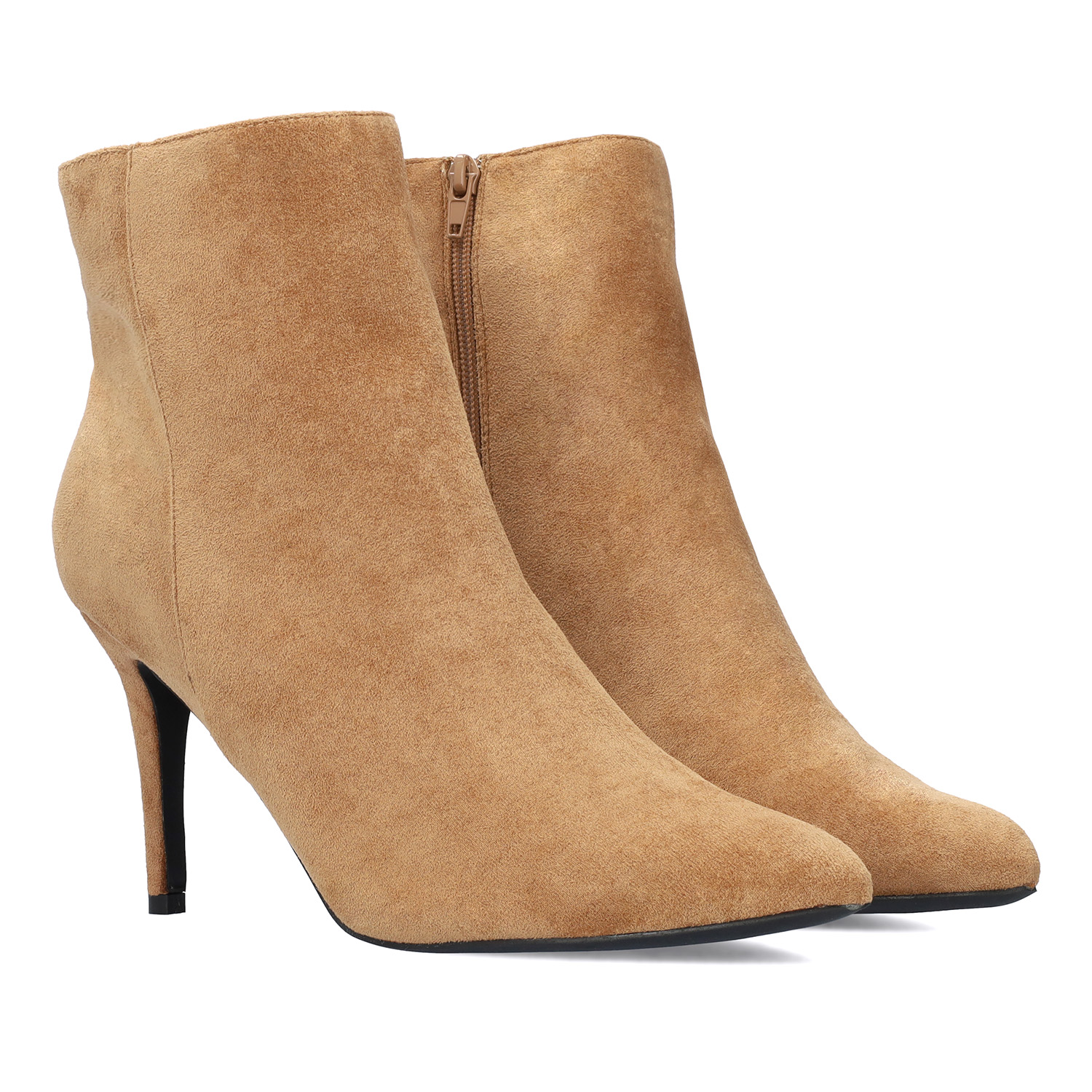 High-heeled booties in brown faux suede