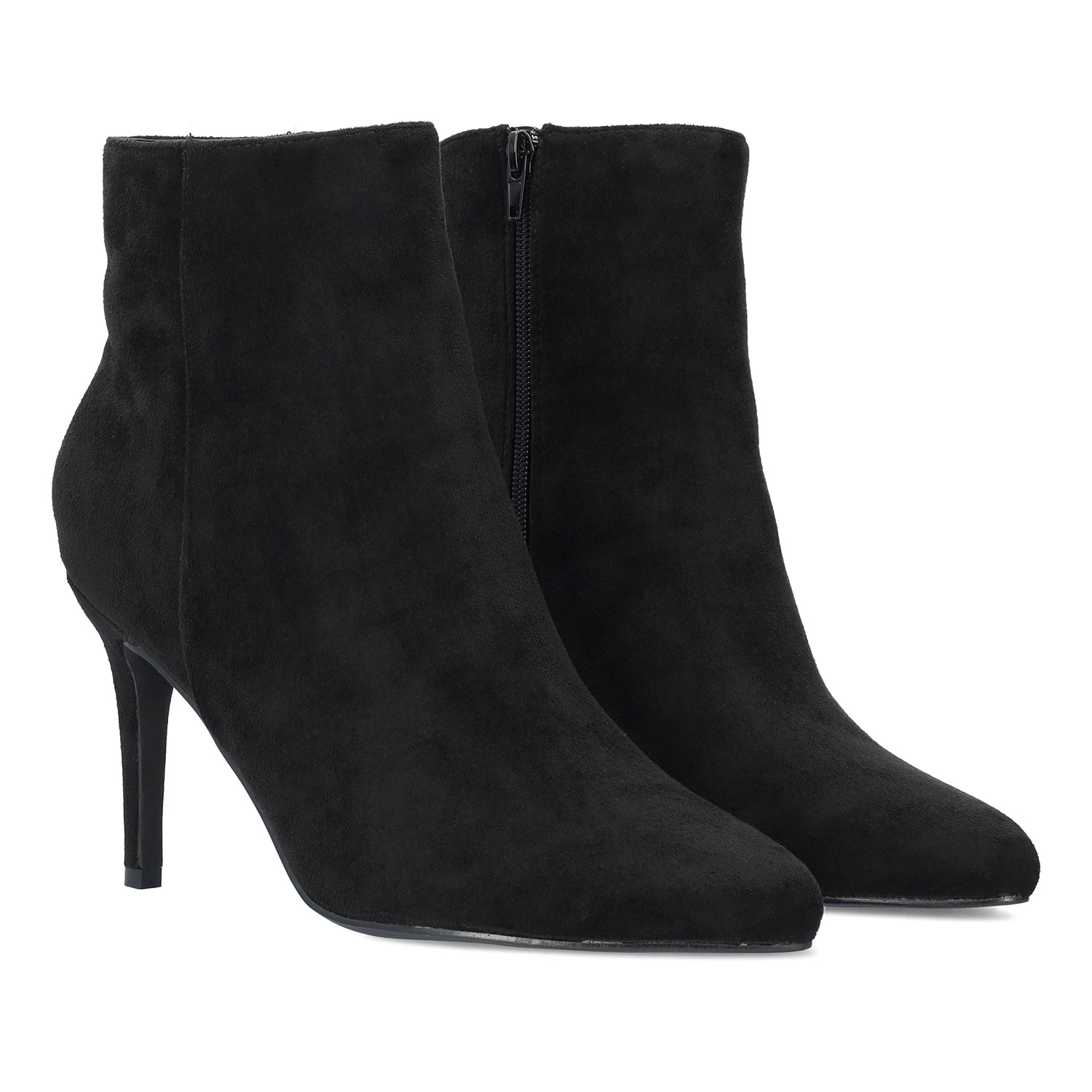 High-heeled booties in black faux suede