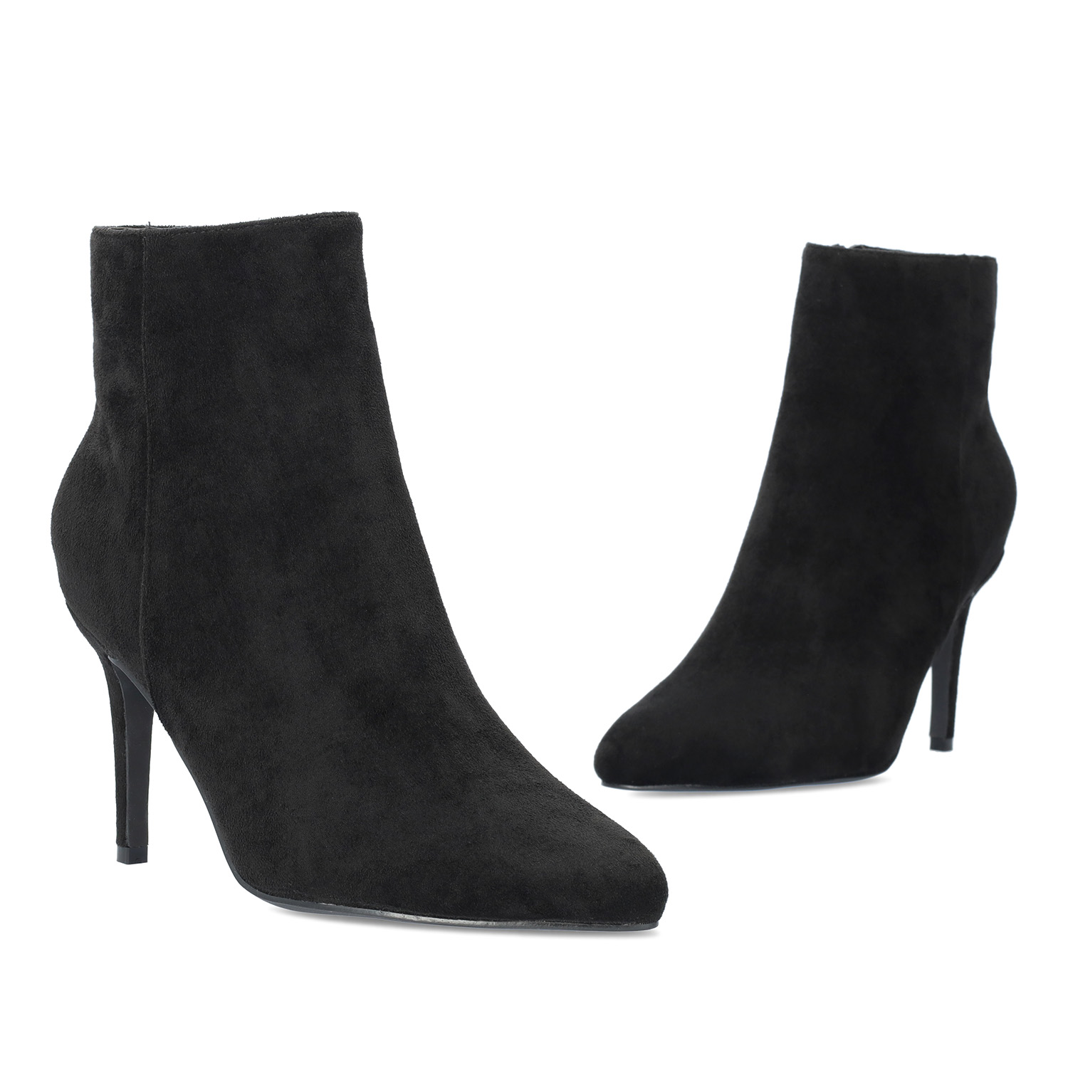 High-heeled booties in black faux suede 