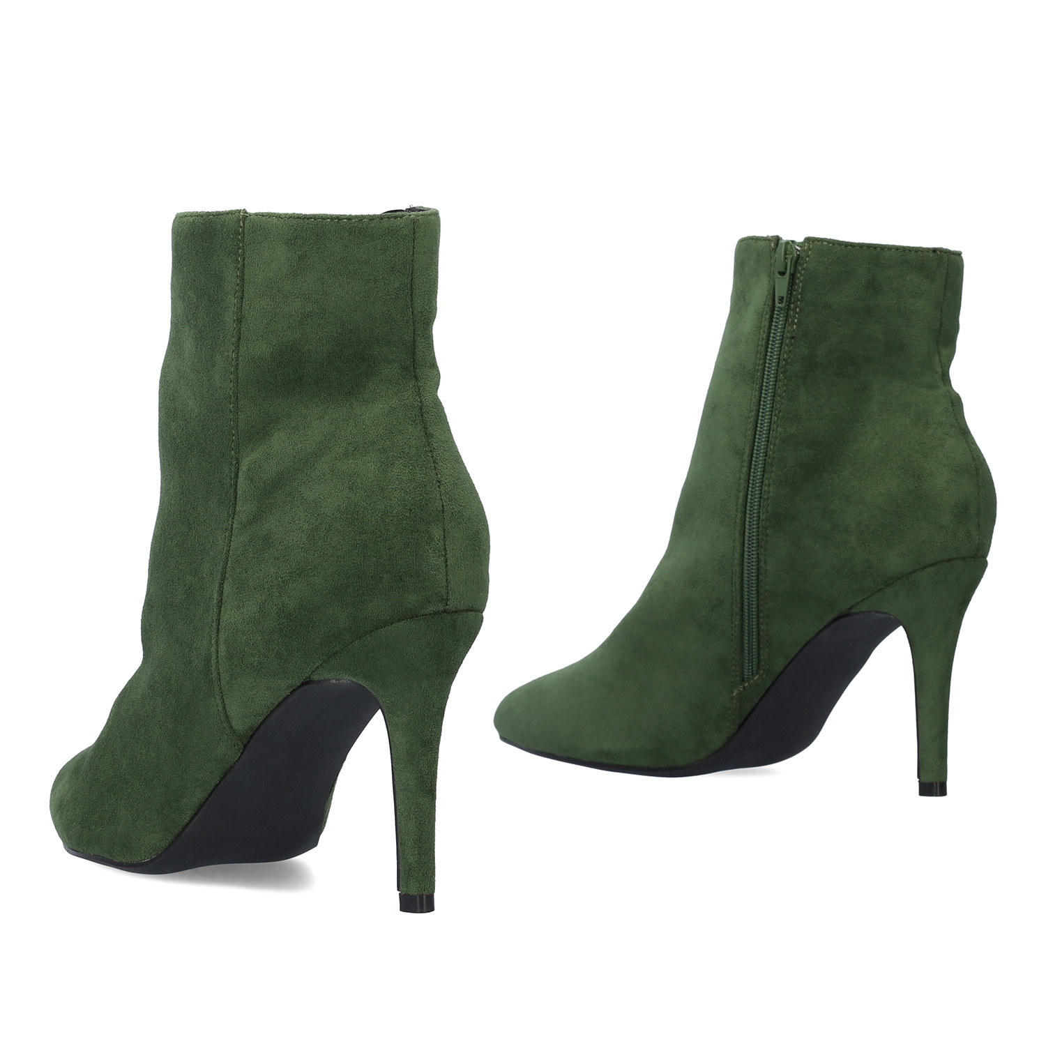 High-heeled booties in green faux suede 