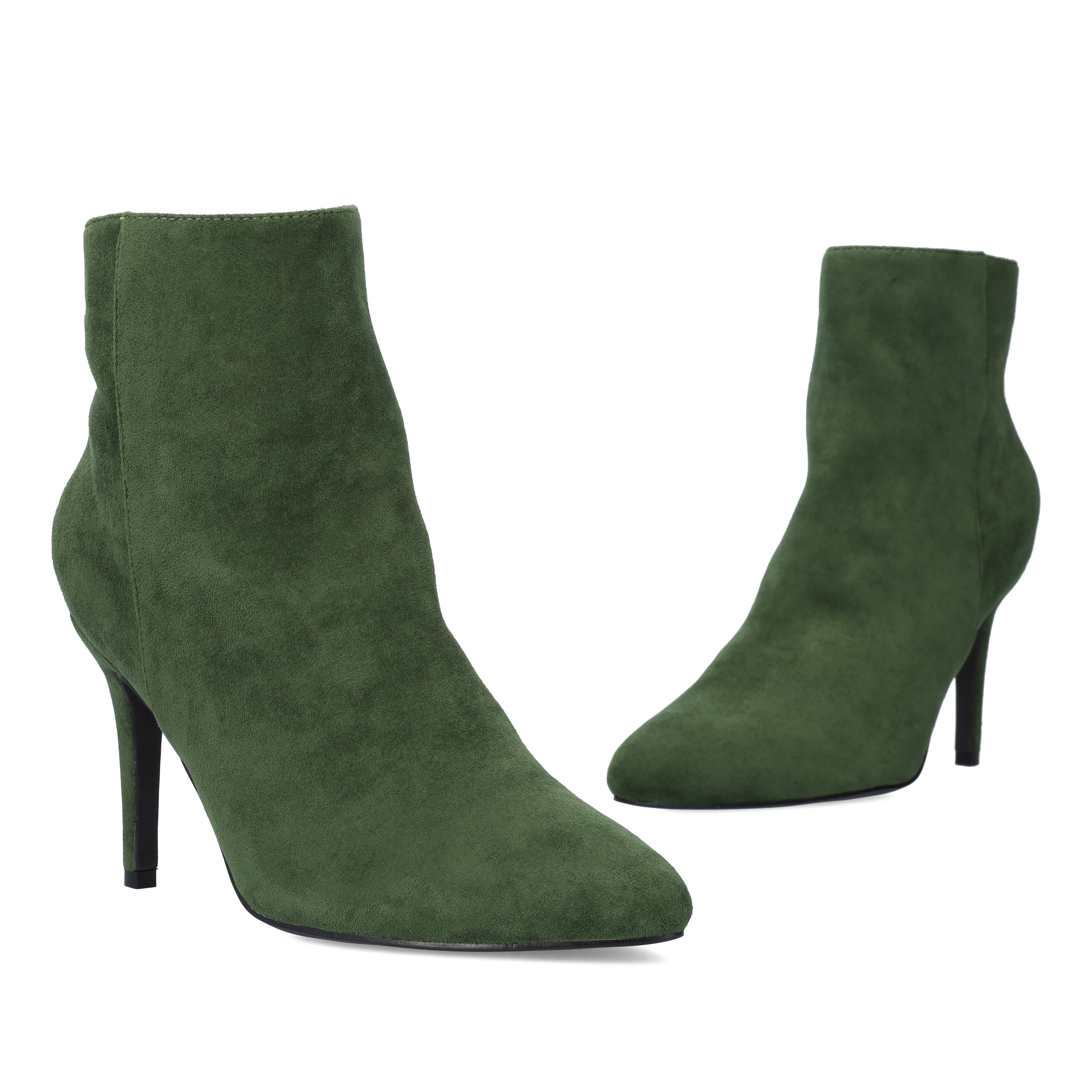 High-heeled booties in green faux suede 