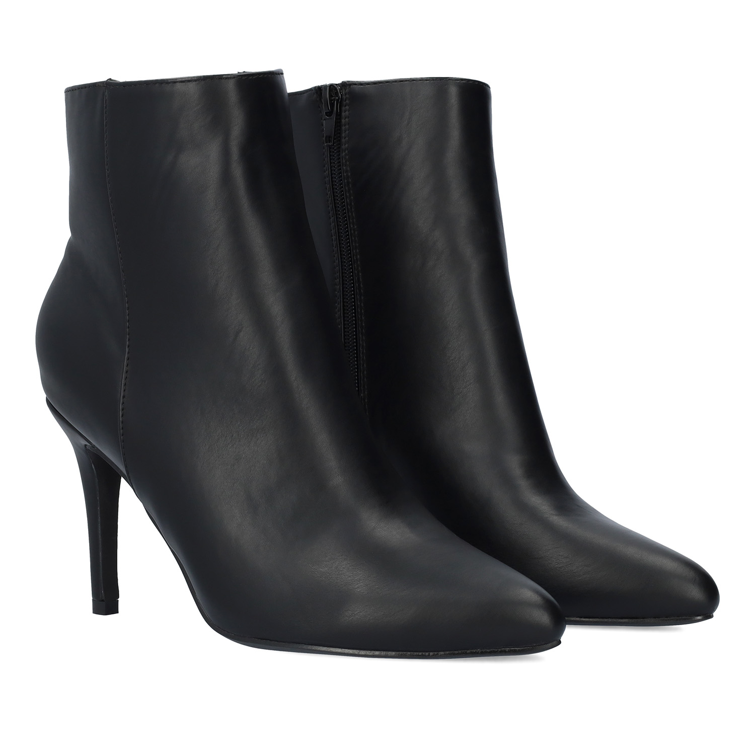 High-heeled booties in black faux leather